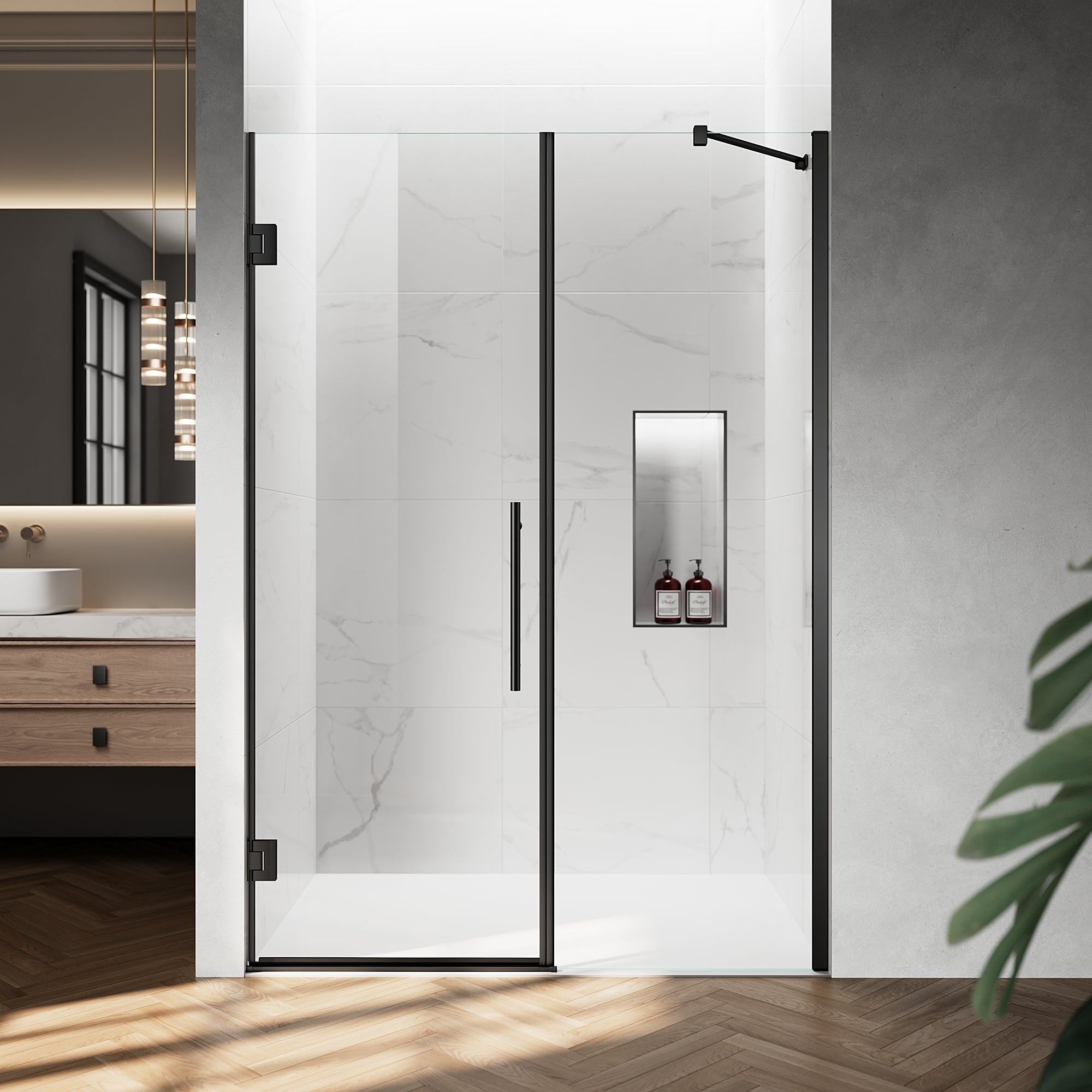 52" / 60" W x 72" / 74" H Frameless Hinged Shower Door with 5/16" (8 mm) Clear Tempered Glass and 180° Pivoting #Color_Matte Black