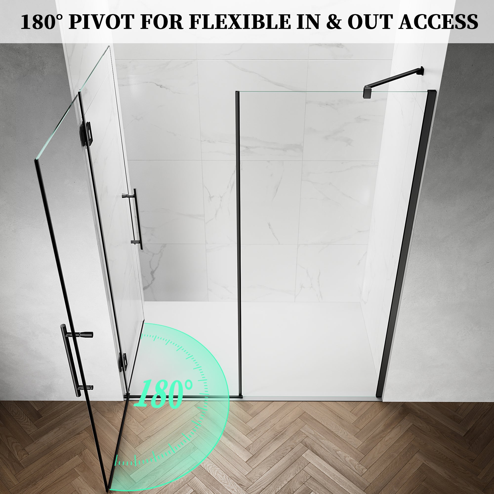 52" / 60" W x 72" / 74" H Frameless Hinged Shower Door with 5/16" (8 mm) Clear Tempered Glass and 180° Pivoting #Color_Matte Black