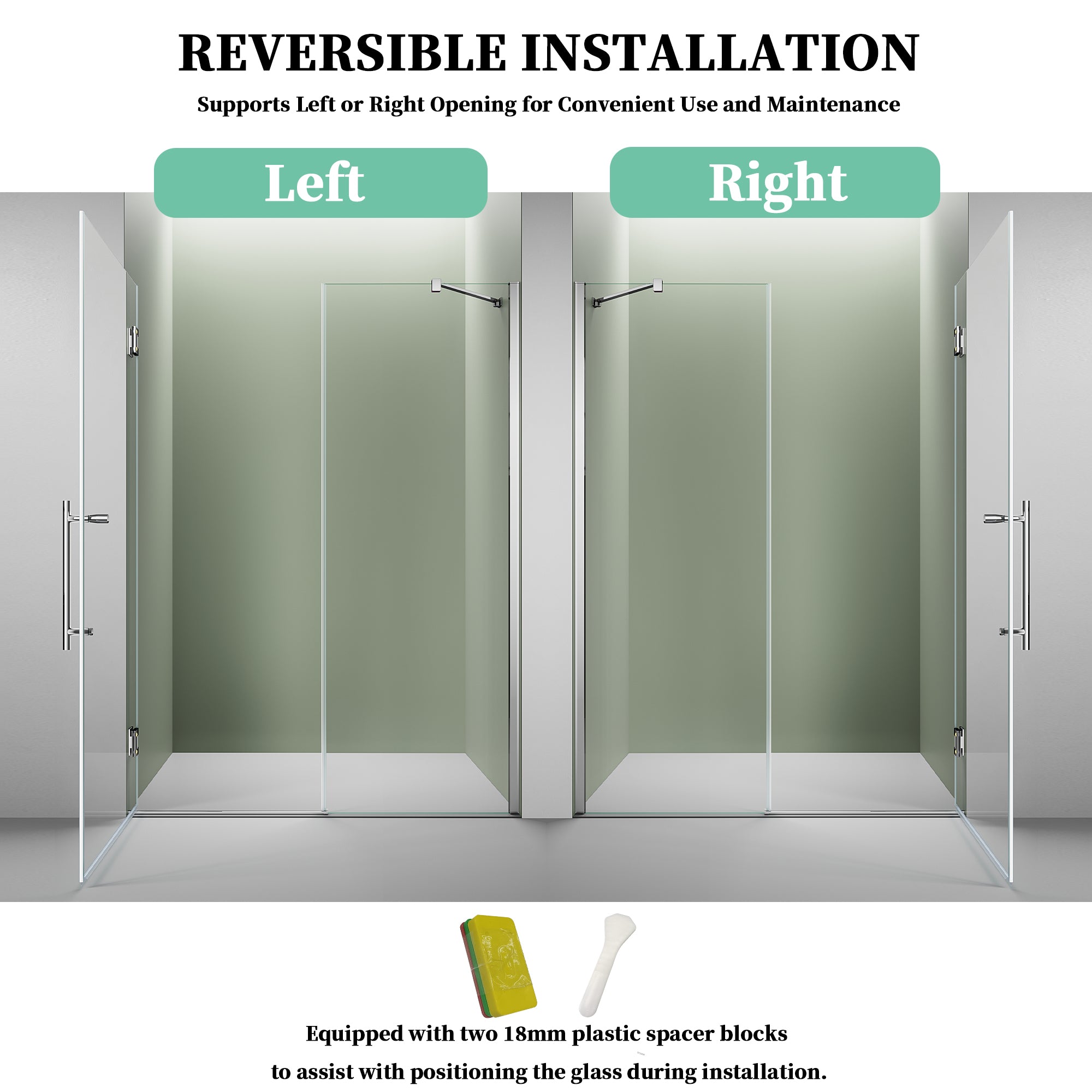 52" / 60" W x 72" / 74" H Frameless Hinged Shower Door with 5/16" (8 mm) Clear Tempered Glass and 180° Pivoting #Color_Chrome