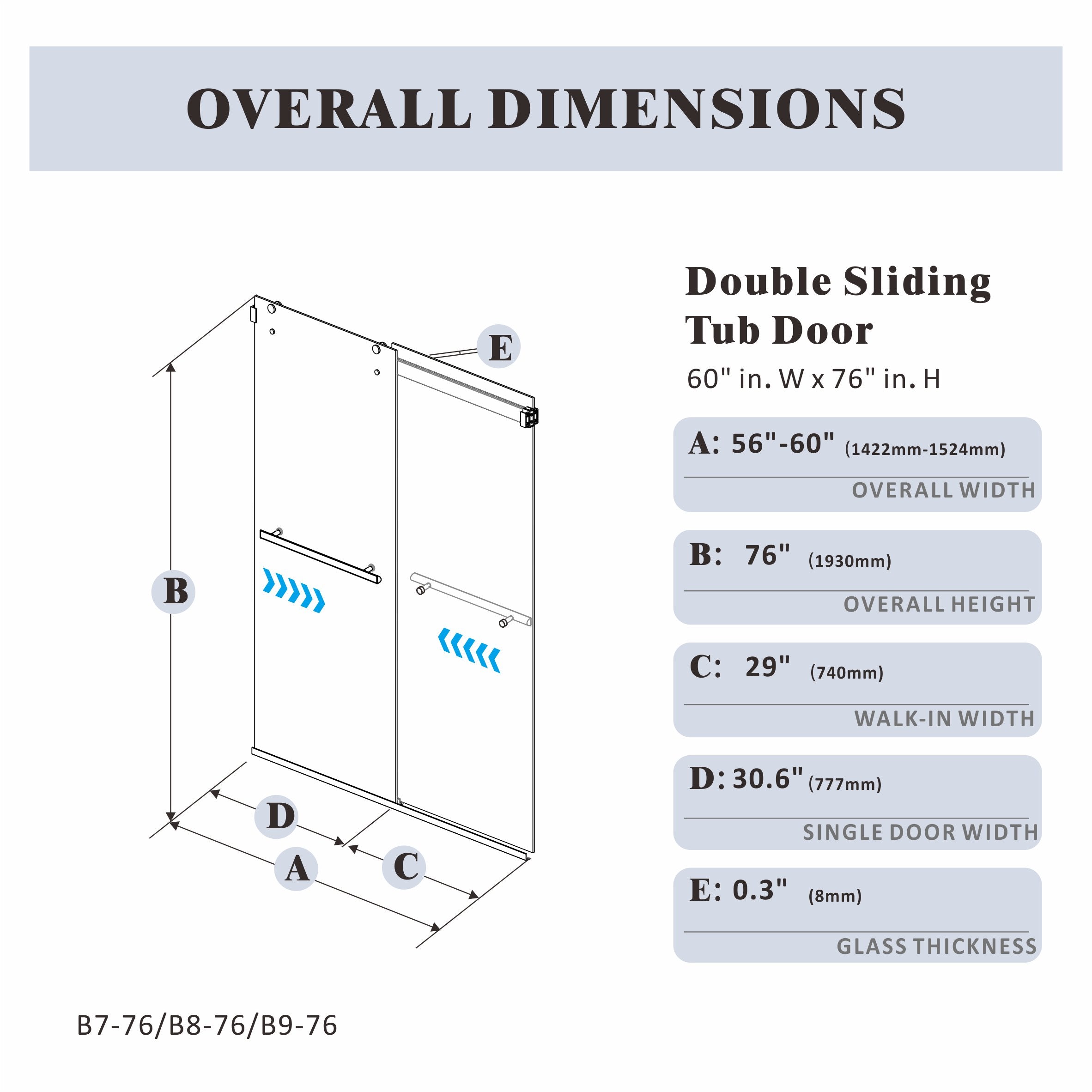 48"/58"/60"/64" W x 76" H Frameless Double Sliding Bypass Shower Door B8T #Size_60" x 76"