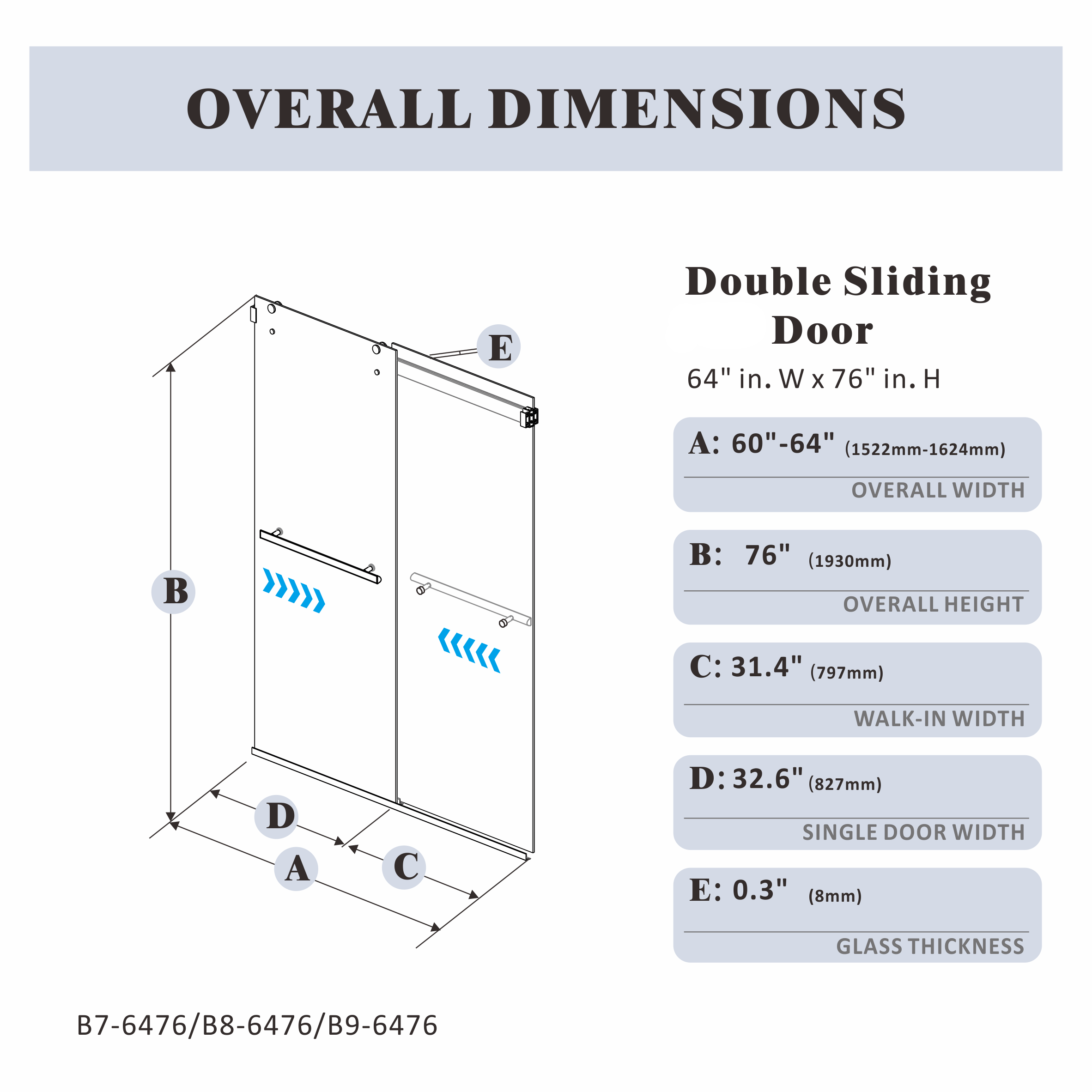 48"/58"/60"/64" W x 76" H Frameless Double Sliding Bypass Shower Door B8T #Size_64" x 76"