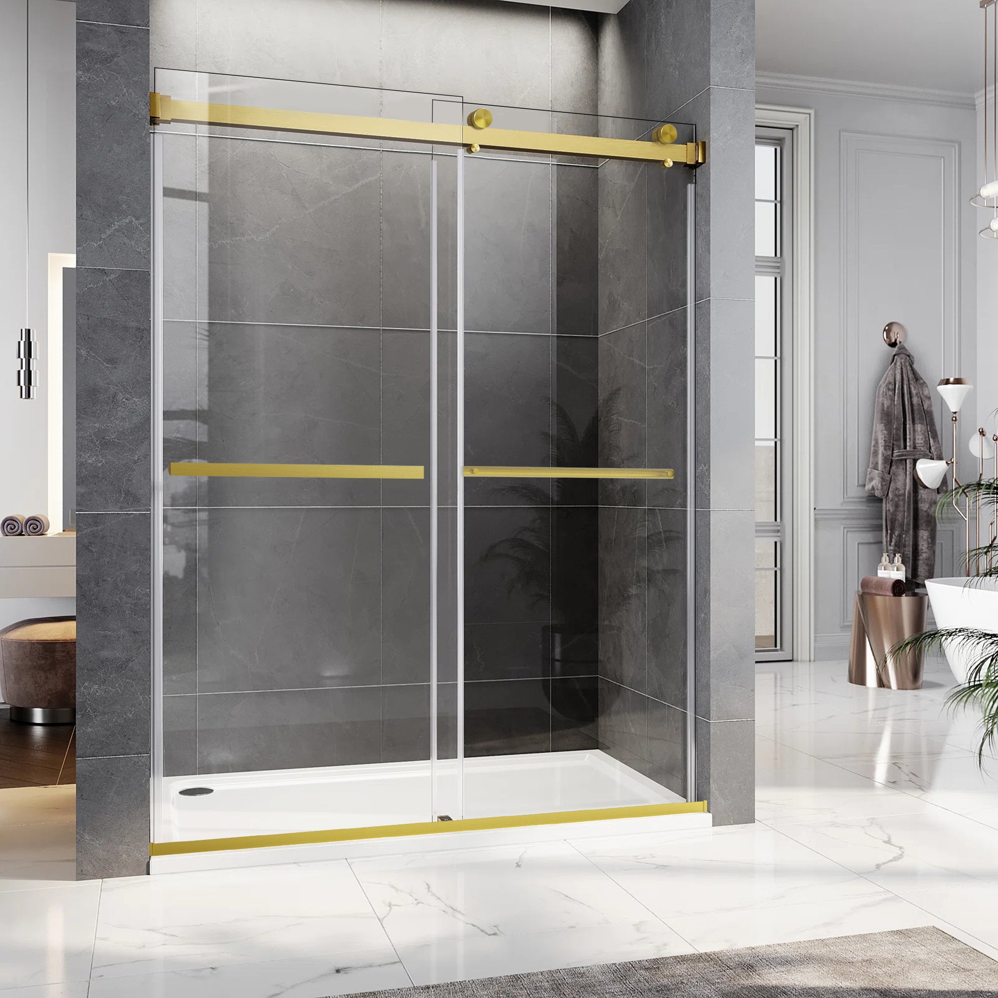 48"/58"/60"/64" W x 76" H Frameless Double Sliding Bypass Shower Door B8T #Color_Brushed Gold