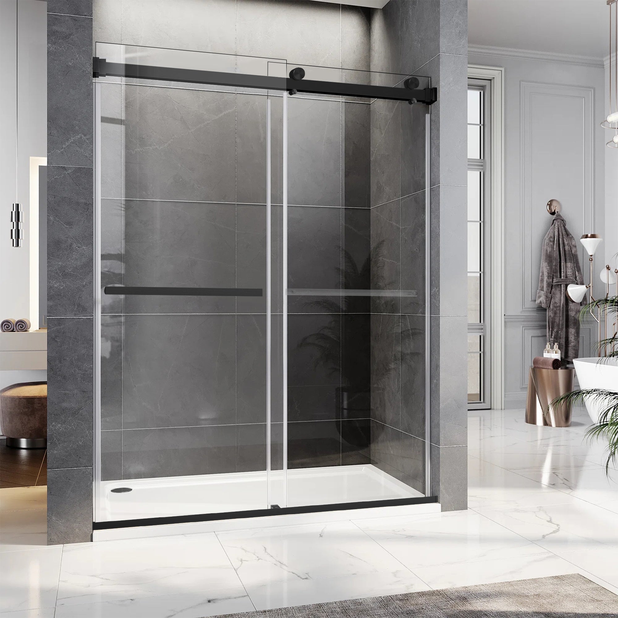 48"/58"/60"/64" W x 76" H Frameless Double Sliding Bypass Shower Door Roller B9T #Color_Matte Black