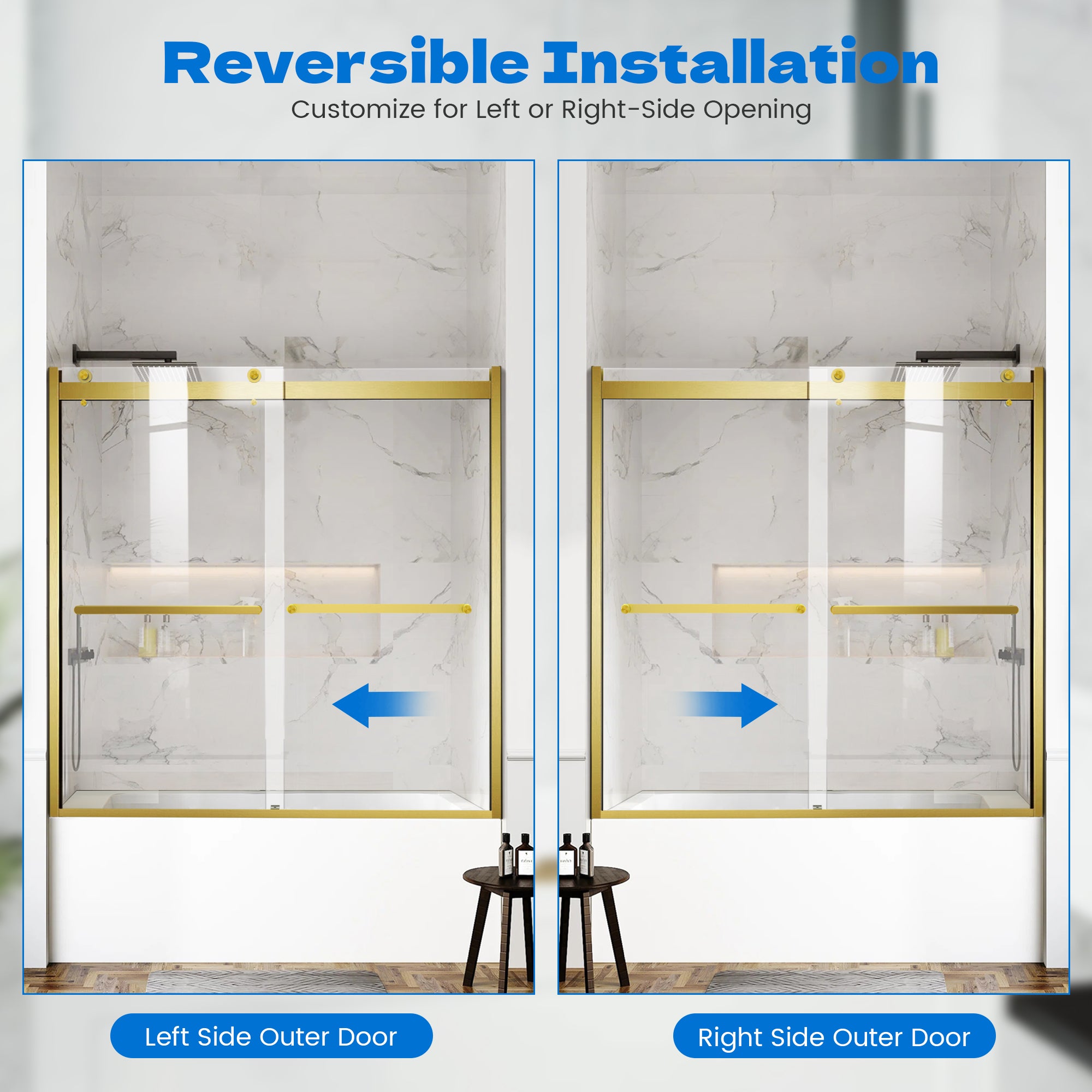 56"-60" x 62" Semi-Framed Double Sliding Tub Door Roller D2-6062BG #Color_Brushed Gold