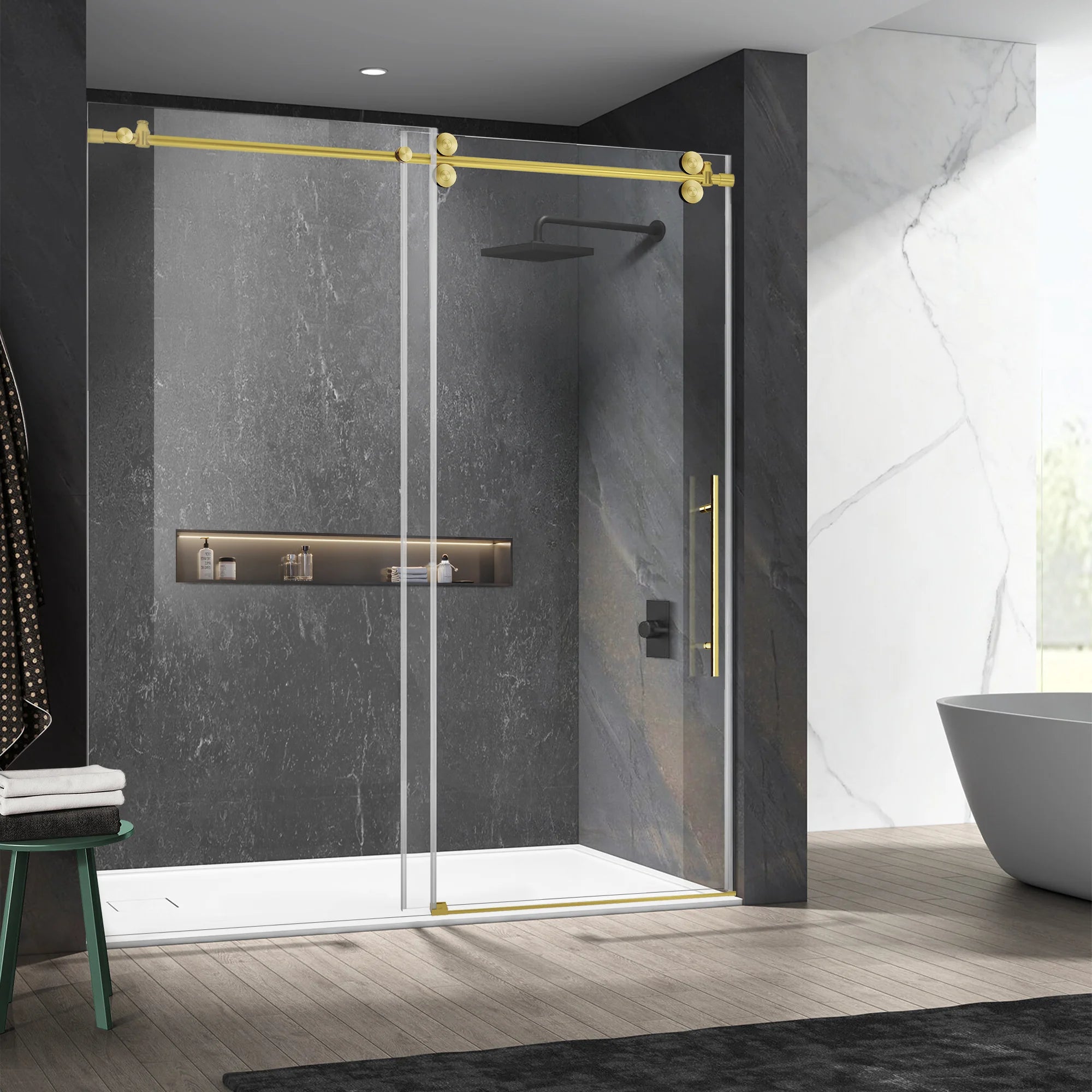 56"-60" W x 76" H Frameless Single Sliding Shower Door Roller J10 #Color_Brushed Gold