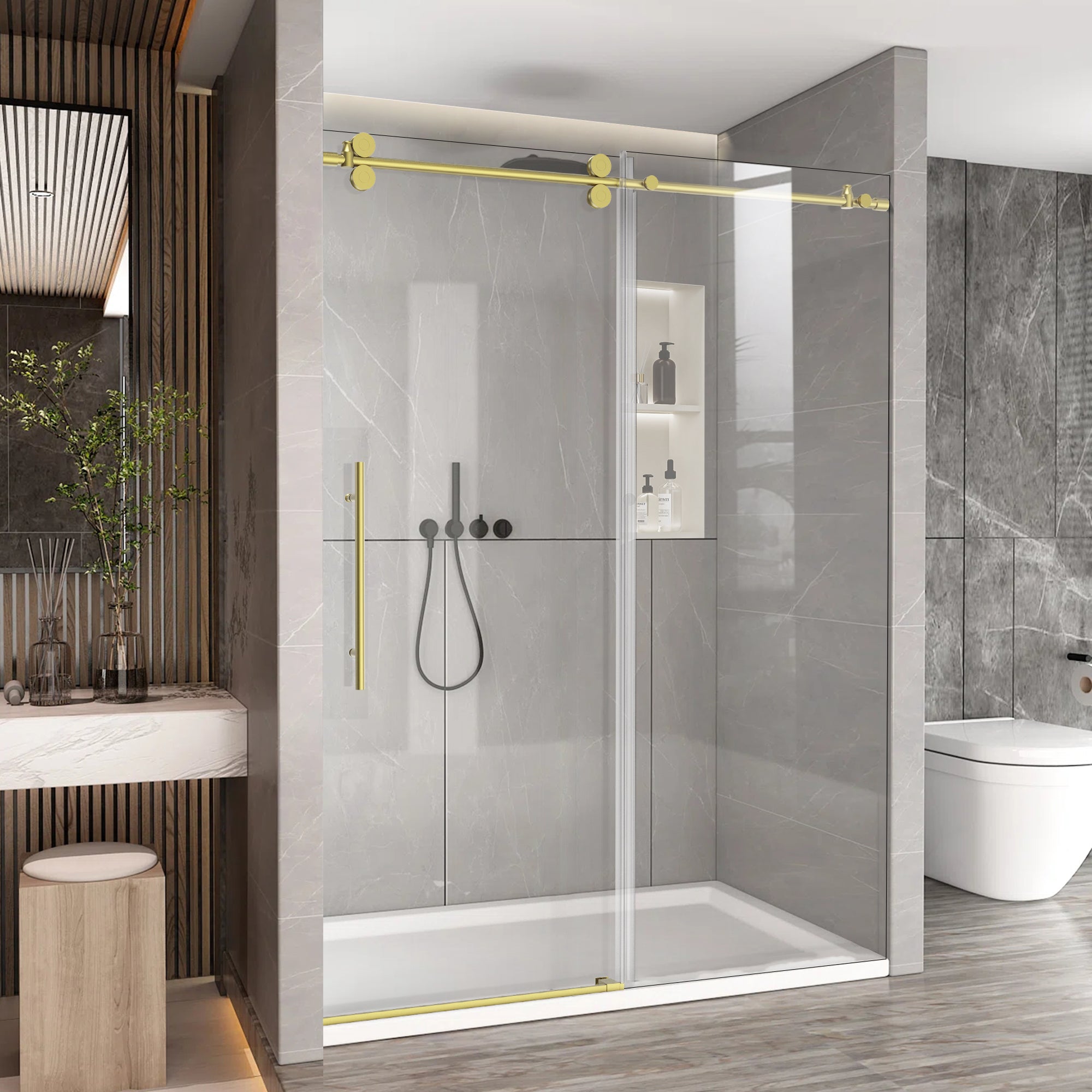56"-60" W x 76" H Frameless Single Sliding Shower Door Roller J10 #Color_Brushed Gold
