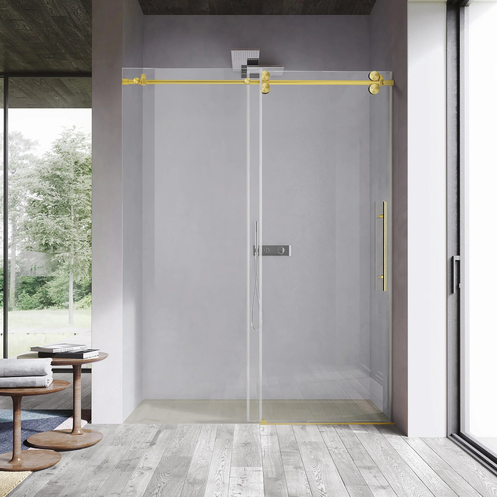 56"-60" W x 76" H Frameless Single Sliding Shower Door Roller J10 #Color_Brushed Gold