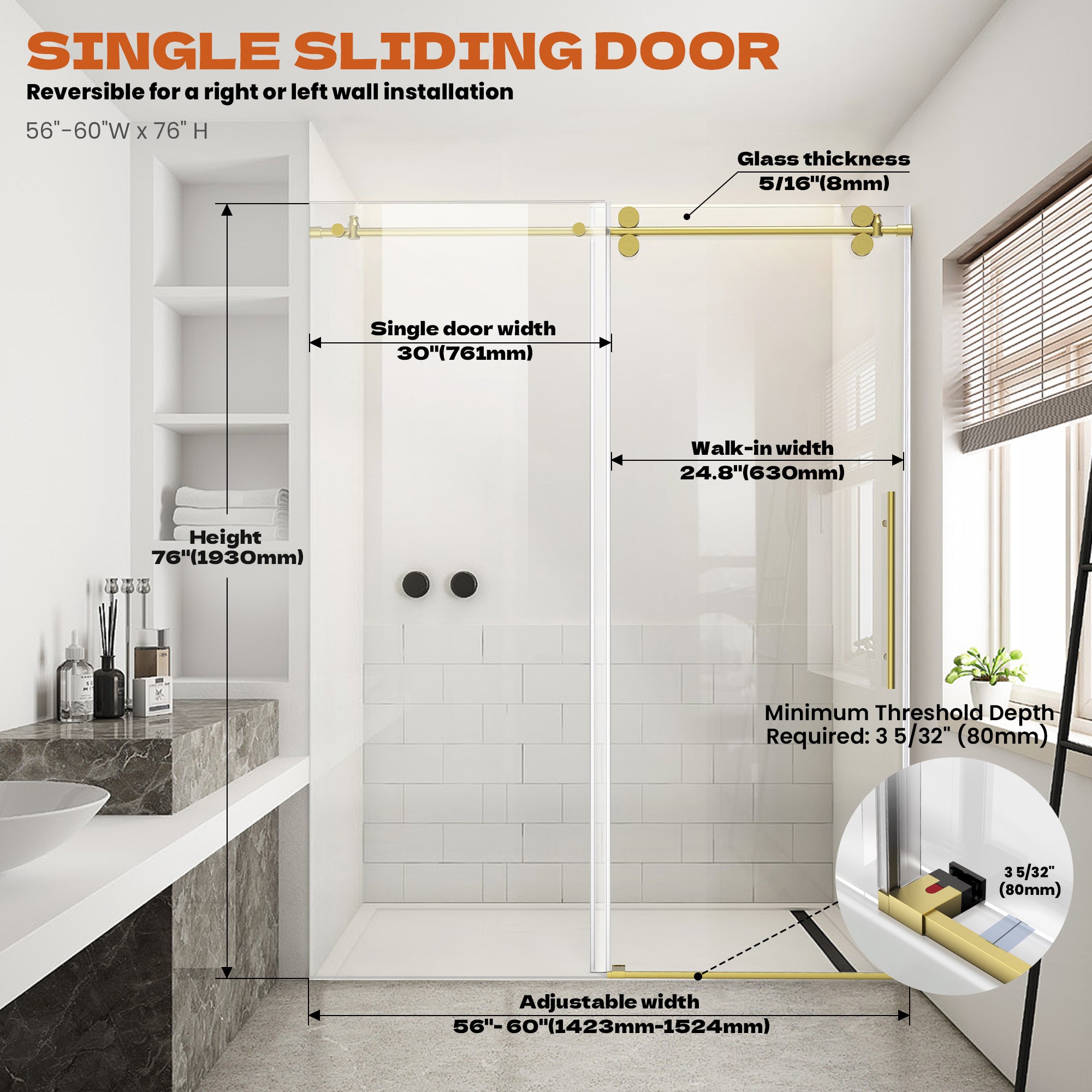 56"-60" W x 76" H Frameless Single Sliding Shower Door Roller J10 #Color_Brushed Gold