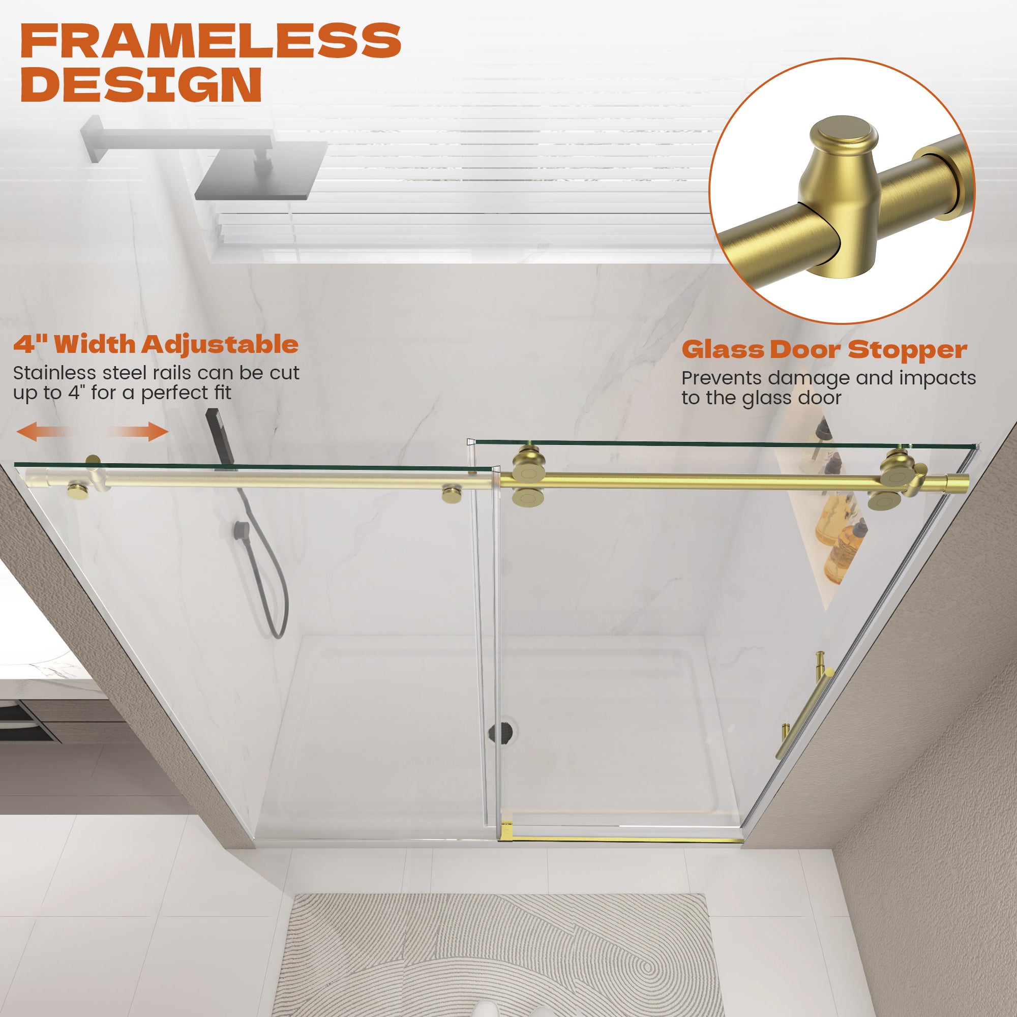 56"-60" W x 76" H Frameless Single Sliding Shower Door Roller J10 #Color_Brushed Gold