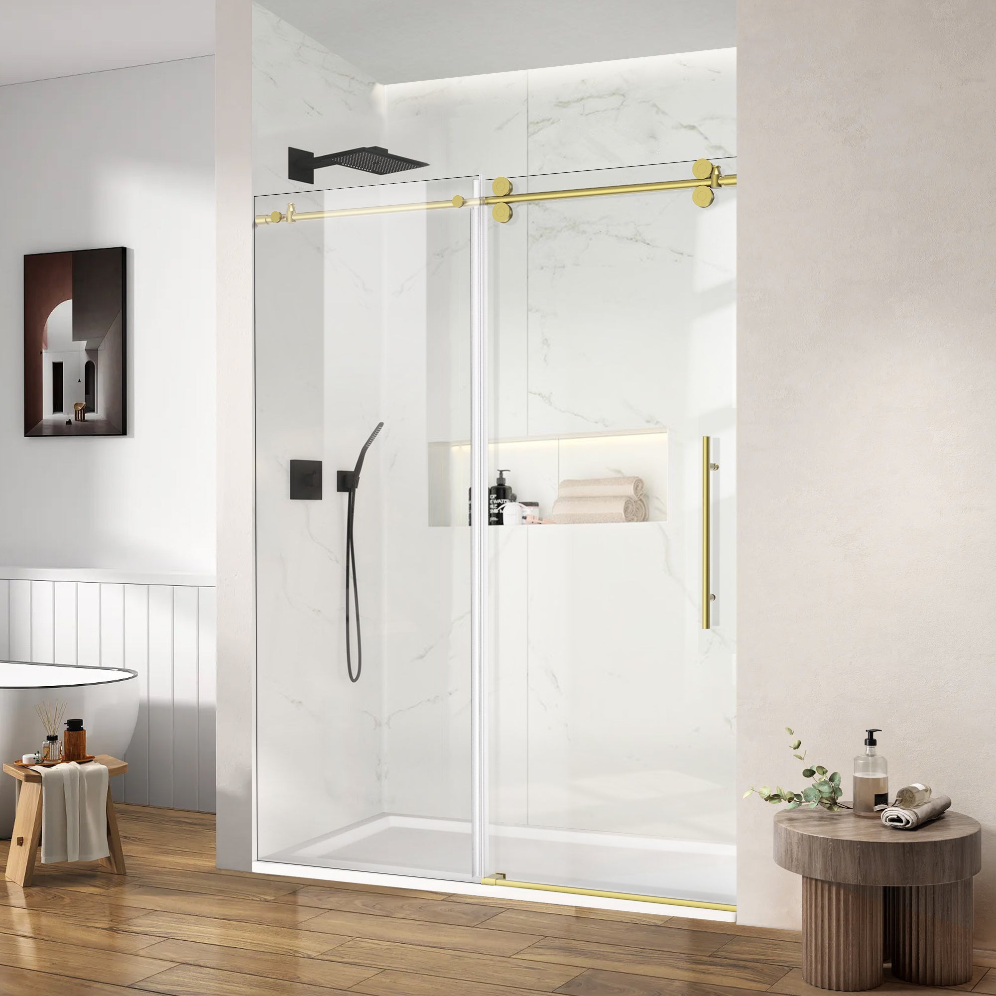 56"-60" W x 76" H Frameless Single Sliding Shower Door Roller J10 #Color_Brushed Gold