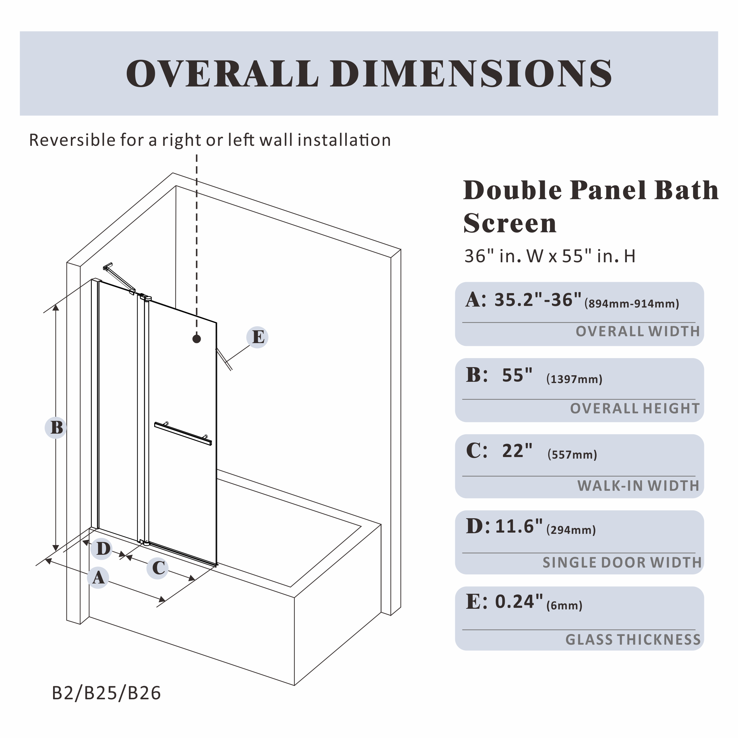 36" W x 55" H Frameless Pivot Bathtub Screen Serene B2-B25-B26