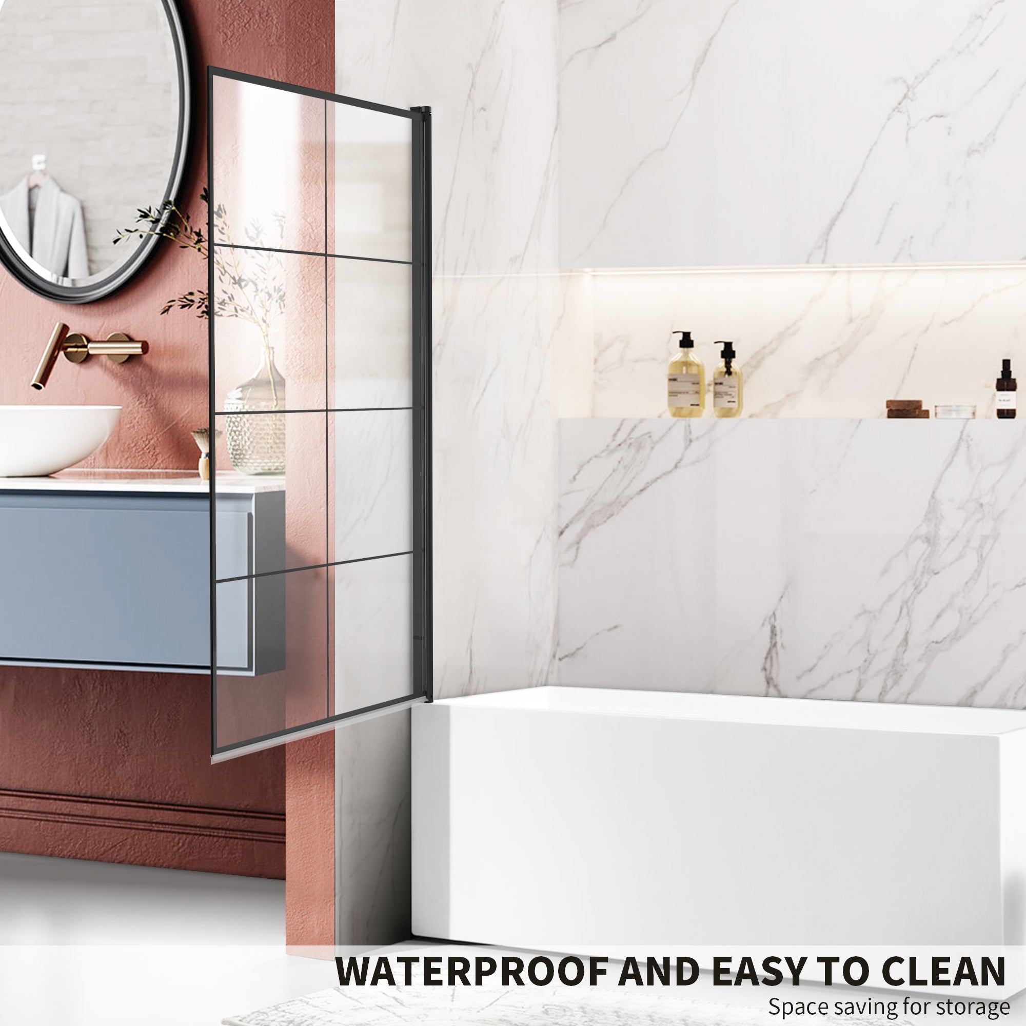 34" W x 58" H Pivot Framed Bathtub Screen with 1/4" (6 mm) Clear Tempered Glass, 180° Pivoting, and Matte Black Grid Design