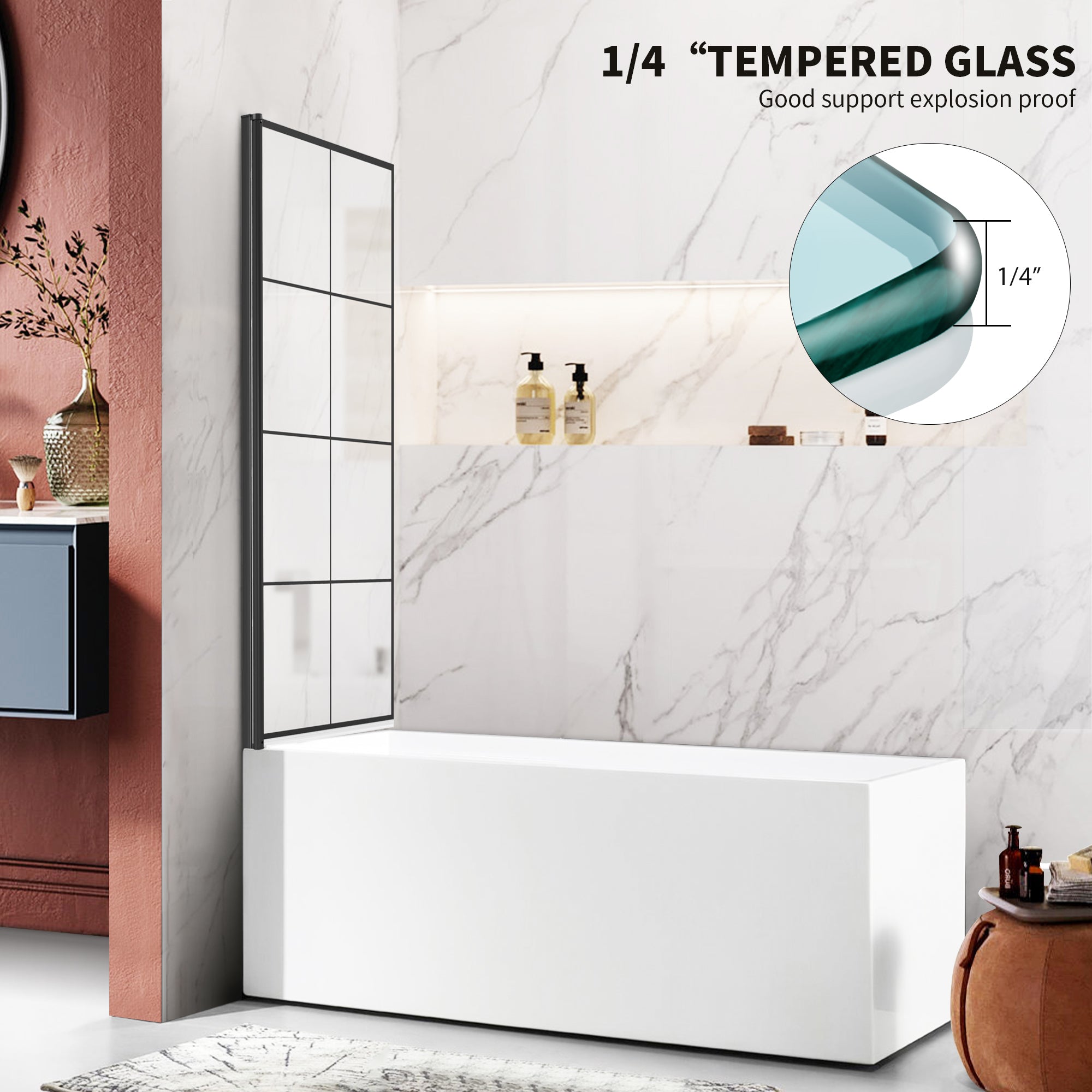 34" W x 58" H Pivot Framed Bathtub Screen with 1/4" (6 mm) Clear Tempered Glass, 180° Pivoting, and Matte Black Grid Design