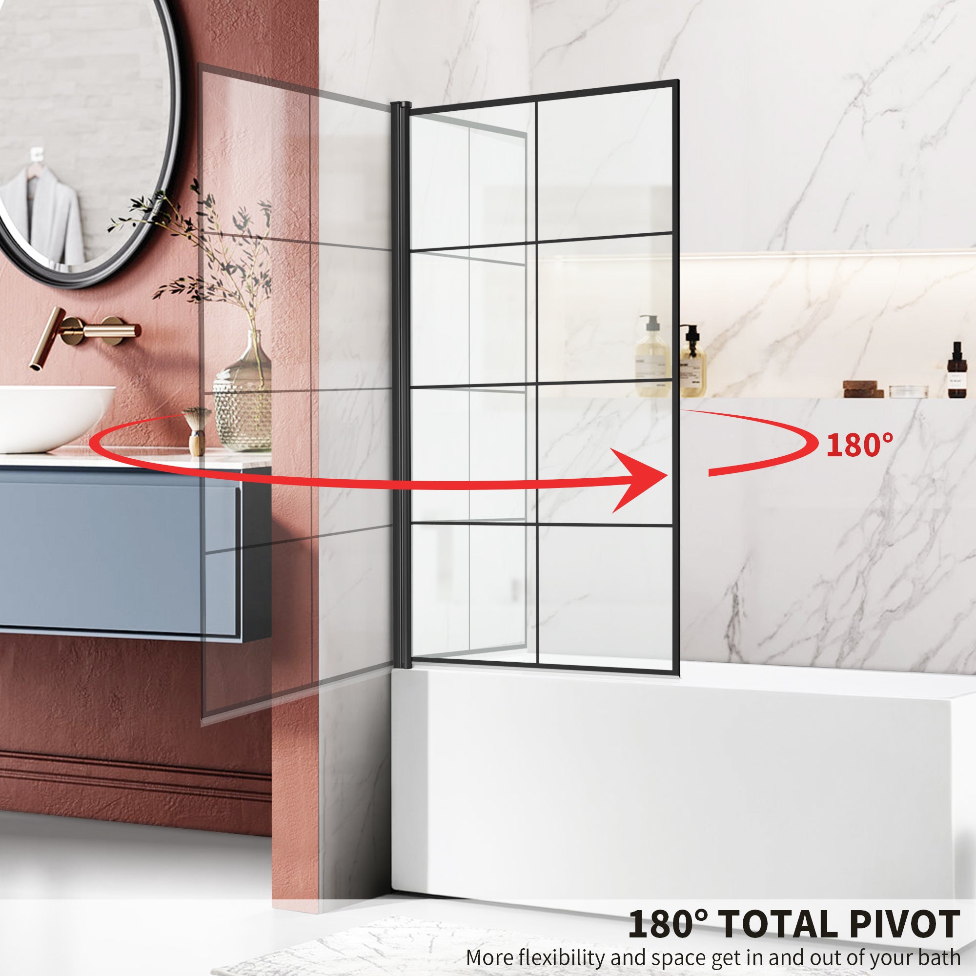 34" W x 58" H Pivot Framed Bathtub Screen with 1/4" (6 mm) Clear Tempered Glass, 180° Pivoting, and Matte Black Grid Design
