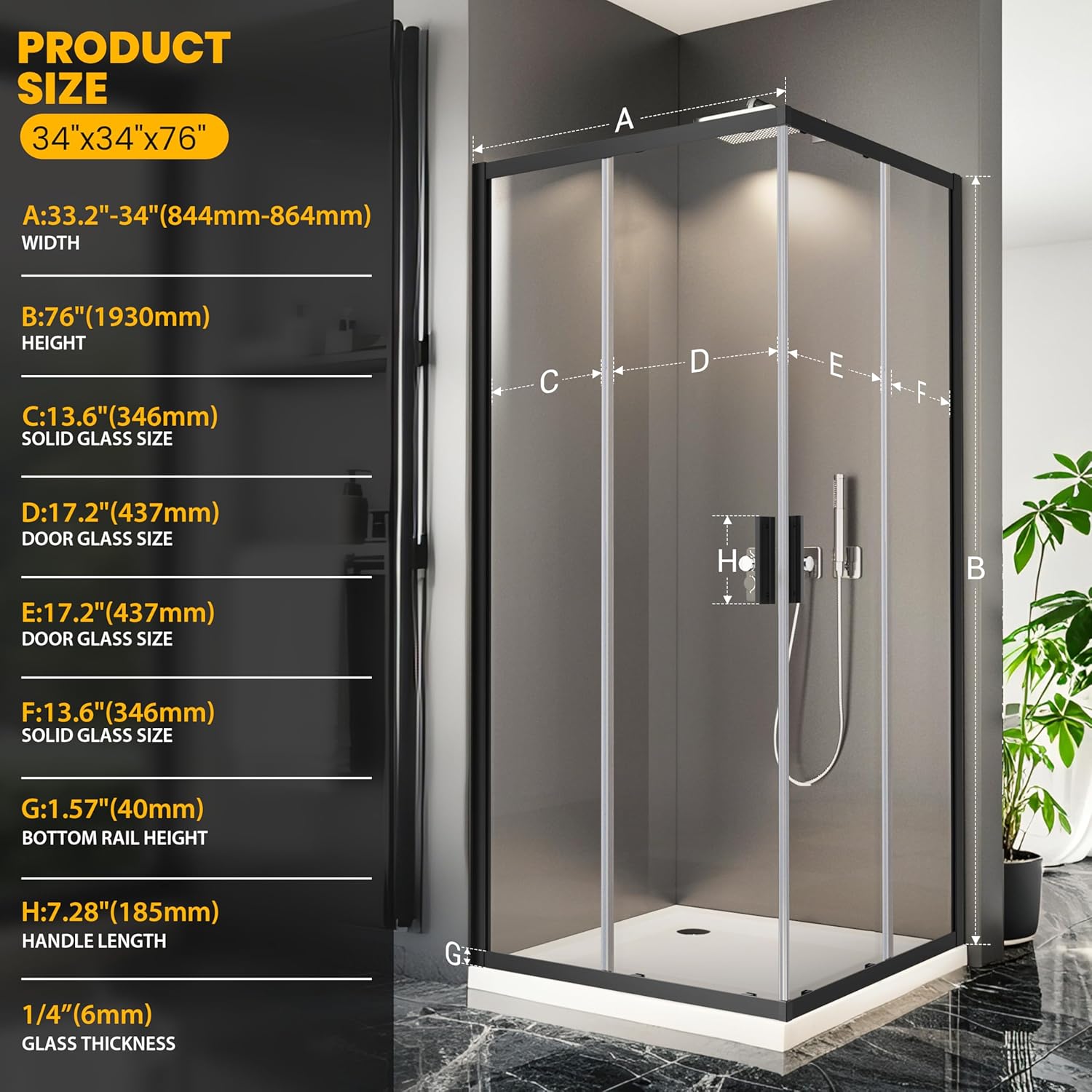 34" L x 34" W x 76" H Sliding Corner Shower Enclosure Size_34" L x 34" W x 76" H