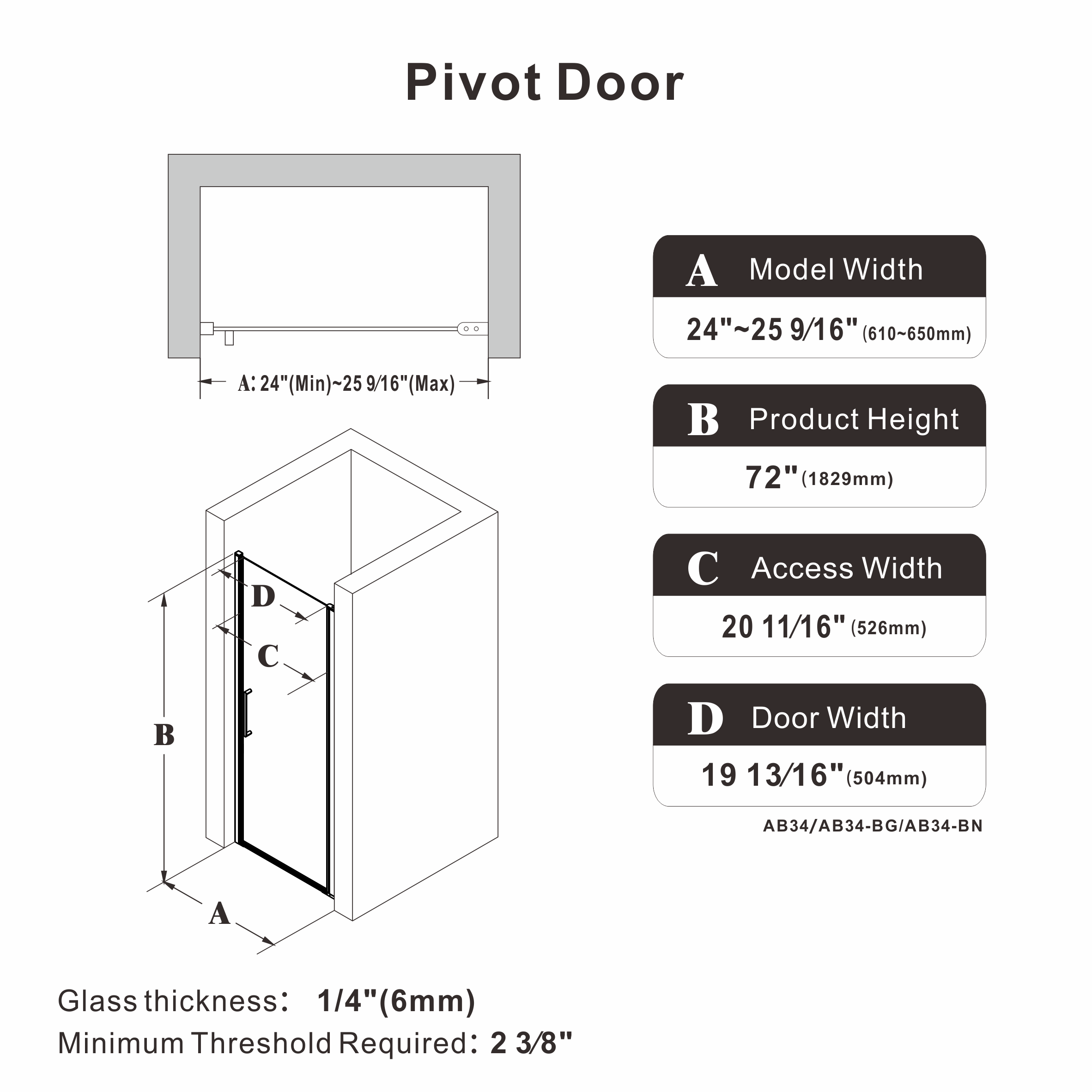 24"/28"/32"/34" x 72" Pivot Shower Door Clear Tempered Glass with Easy-Clean #Size_24" x 72"