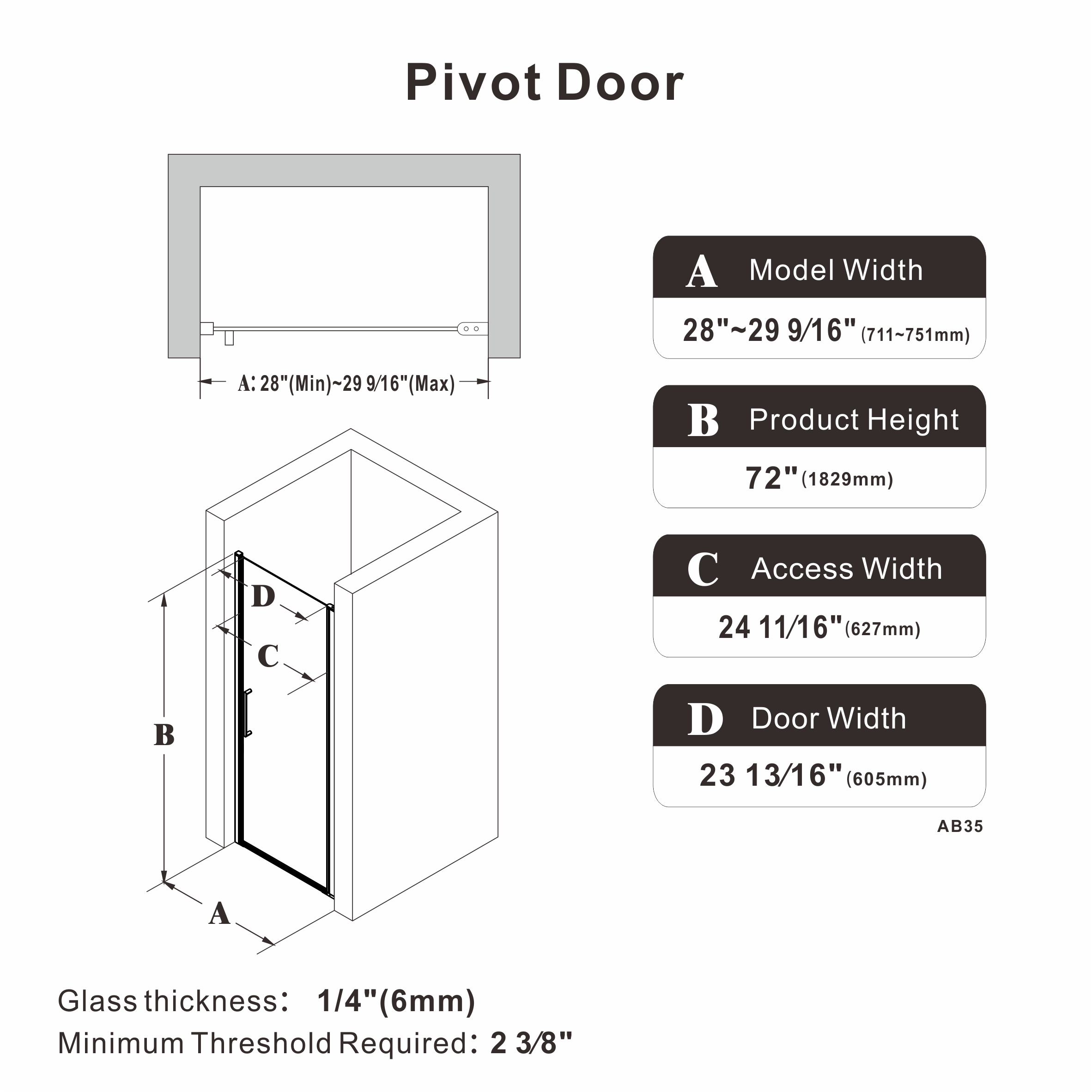24"/28"/32"/34" x 72" Pivot Shower Door Clear Tempered Glass with Easy-Clean #Size_28" x 72"