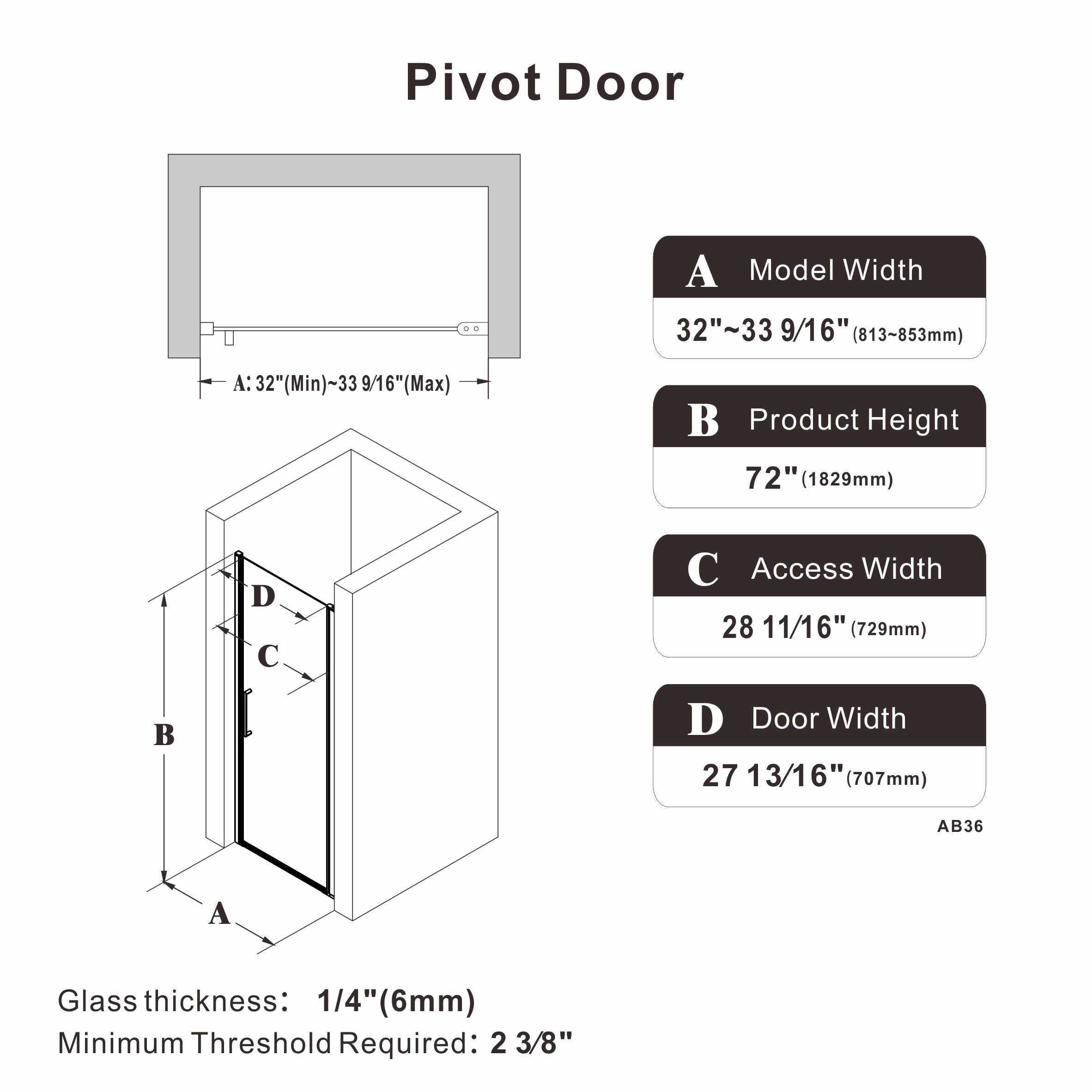 24"/28"/32"/34" x 72" Pivot Shower Door Clear Tempered Glass with Easy-Clean #Size_32" x 72"