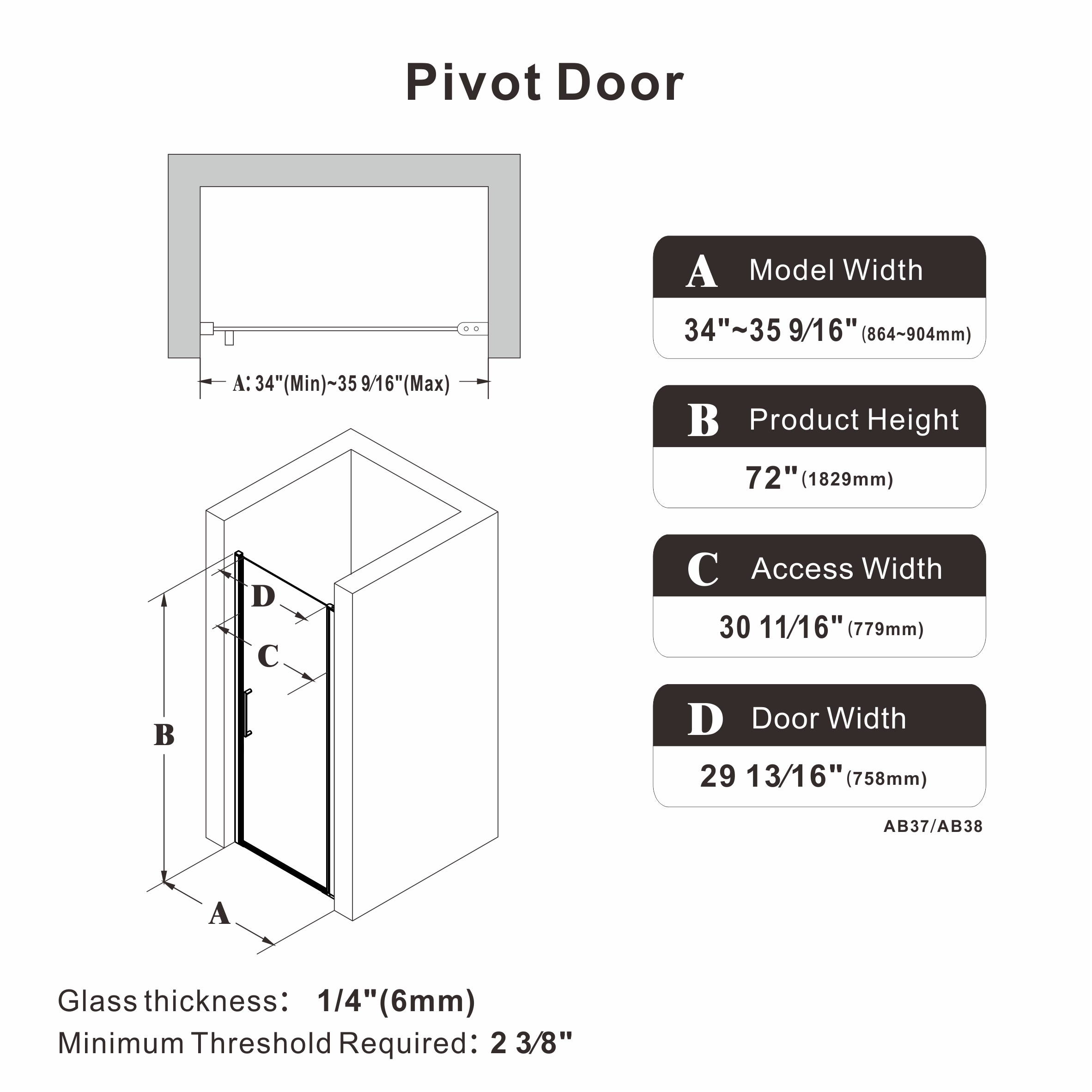 24"/28"/32"/34" x 72" Pivot Shower Door Clear Tempered Glass with Easy-Clean #Size_34" x 72"