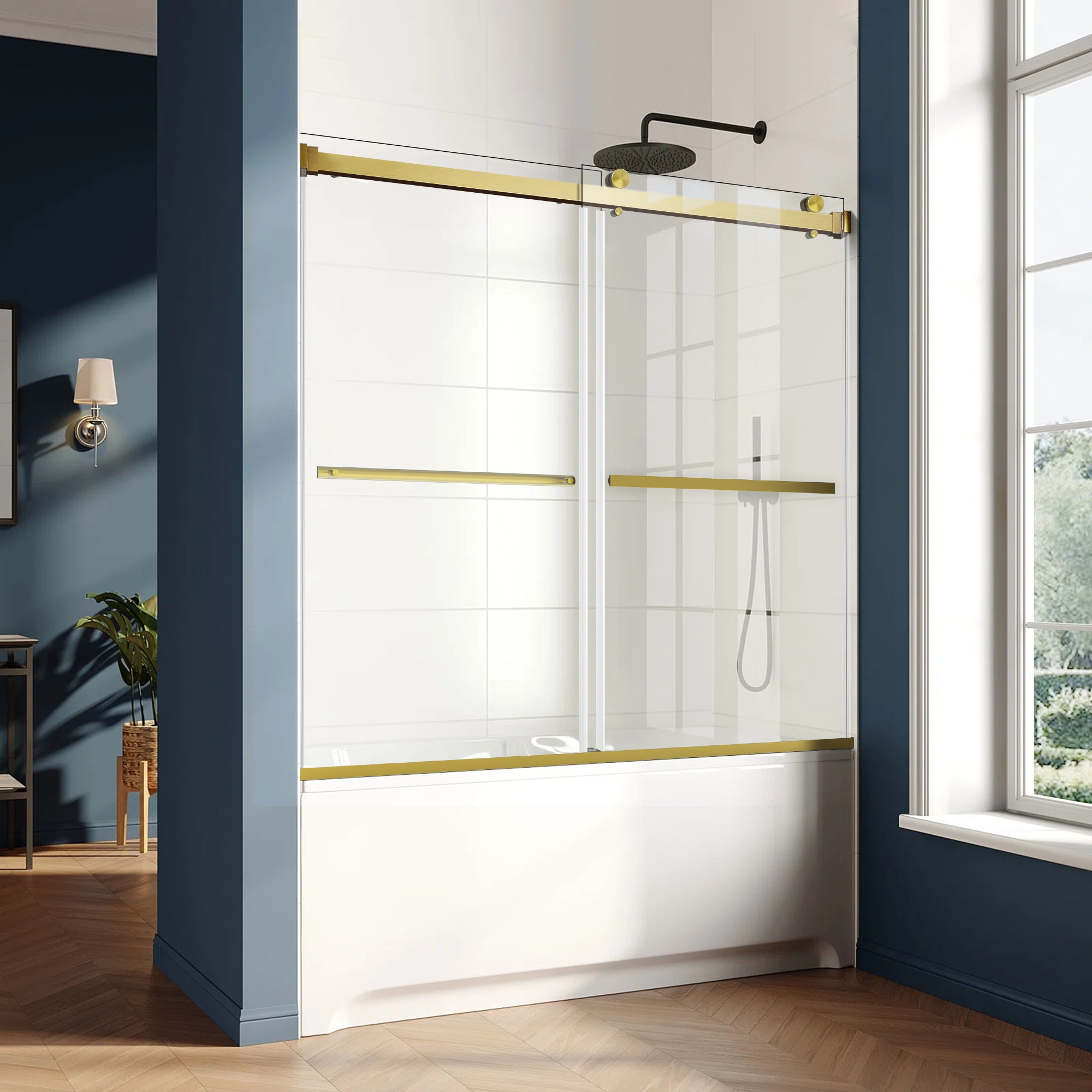 56"-60" x 58" Frameless Double Sliding Tub Door Roller B8 #Color_Brushed Gold