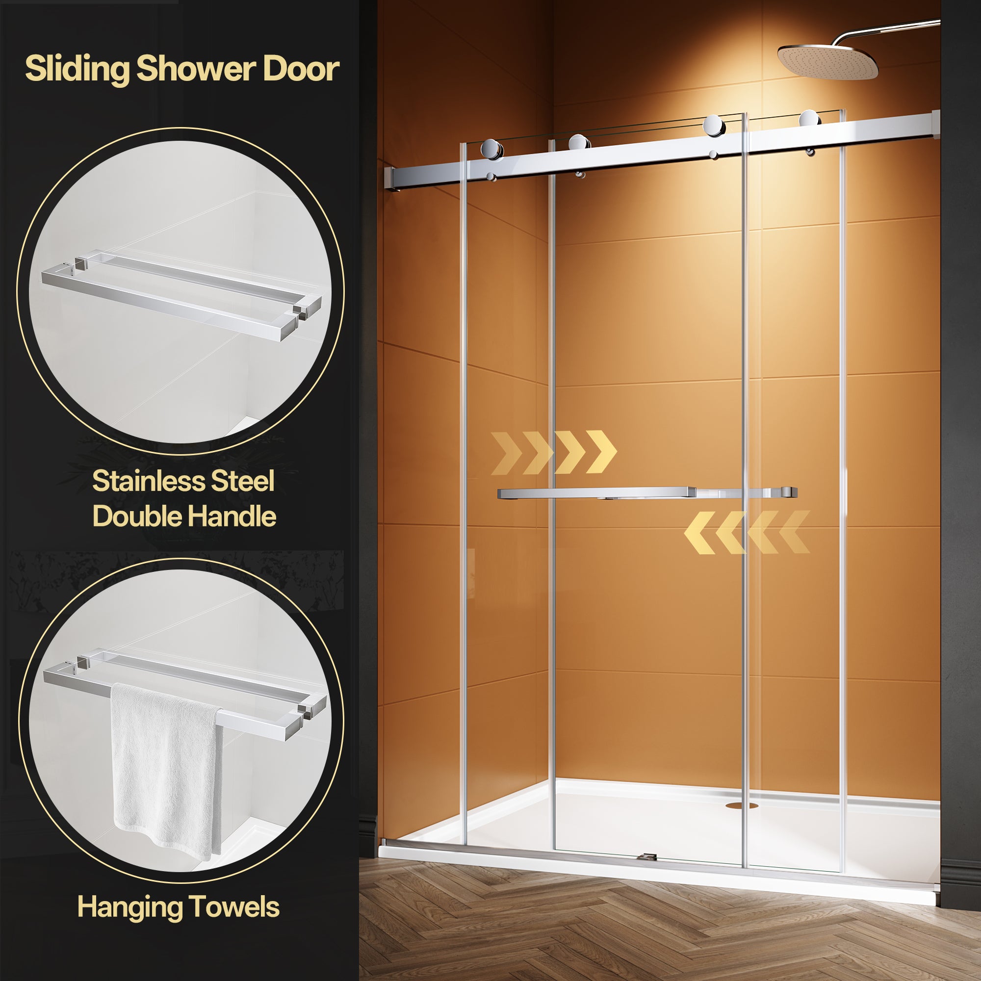 44"-48"/50"-54"/56"-60" x 76" Frameless Double Sliding Shower Door with Towel Bar #Color_Chrome