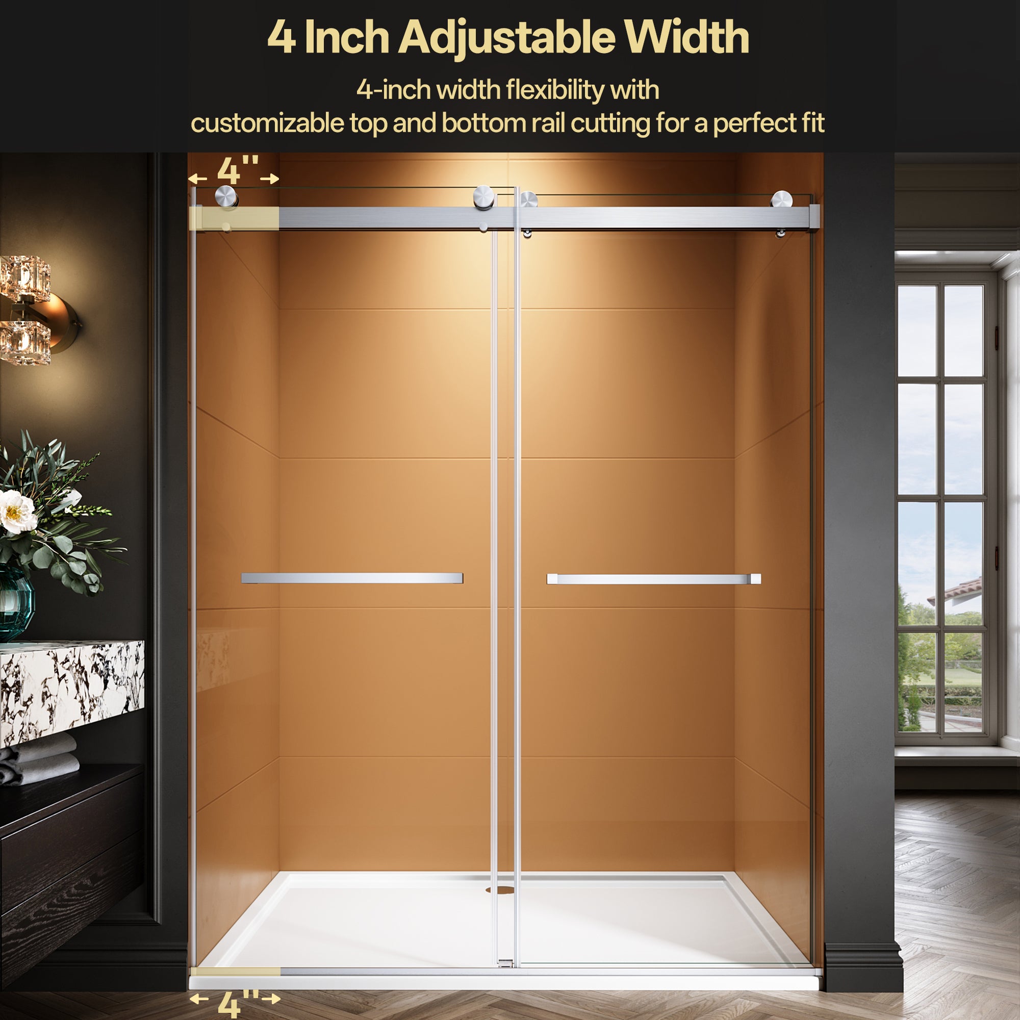 44"-48"/50"-54"/56"-60" x 76" Frameless Double Sliding Shower Door with Towel Bar #Color_Brushed Nickel