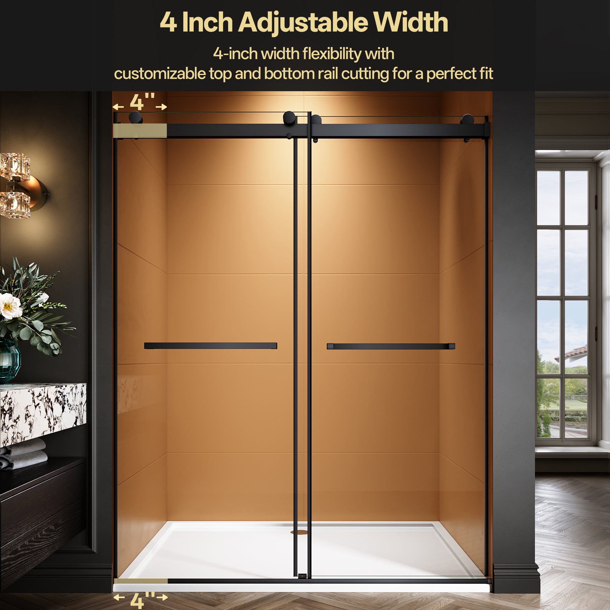 44"-48"/50"-54"/56"-60" x 76" Frameless Double Sliding Shower Door with Towel Bar #Color_Matte Black