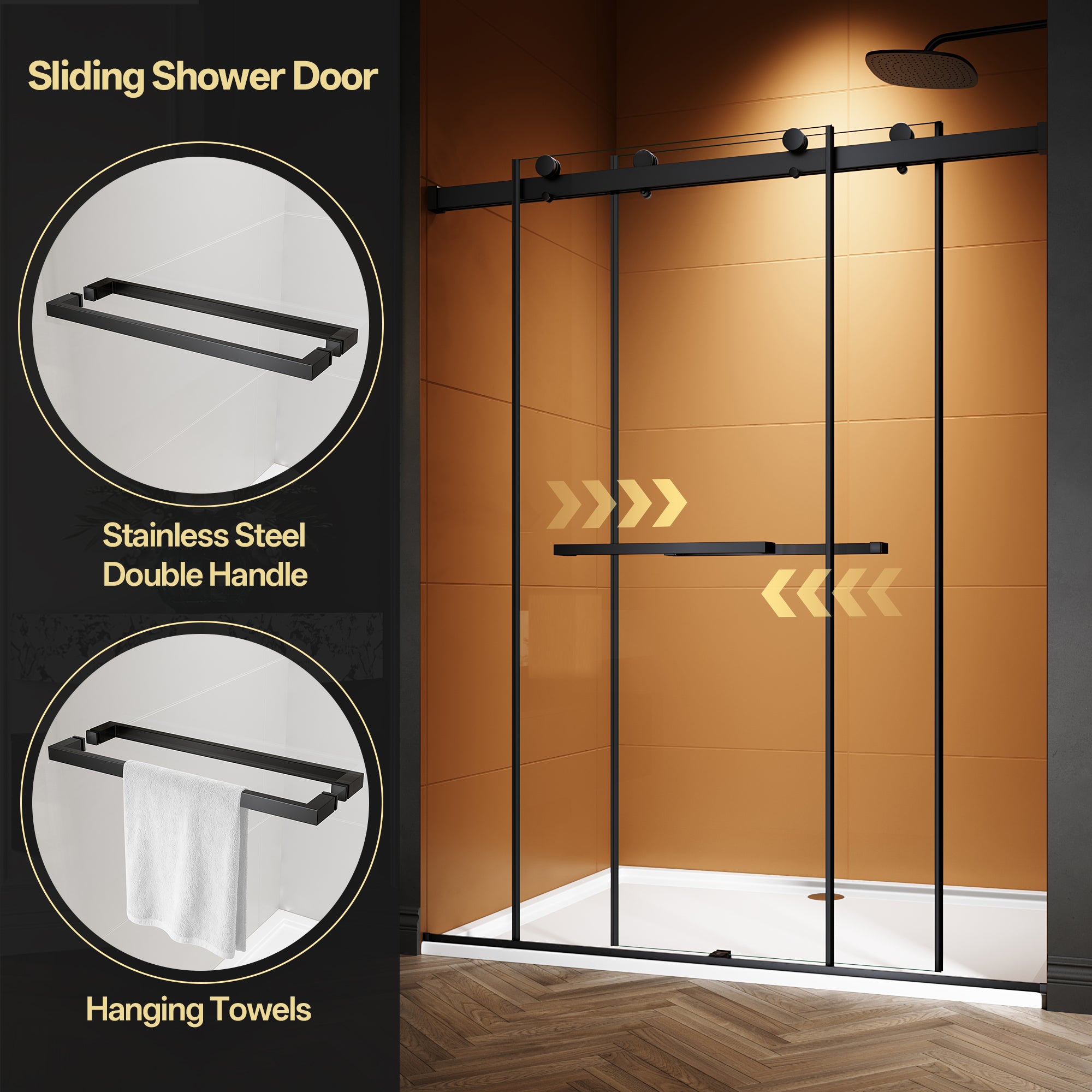 44"-48"/50"-54"/56"-60" x 76" Frameless Double Sliding Shower Door with Towel Bar #Color_Matte Black