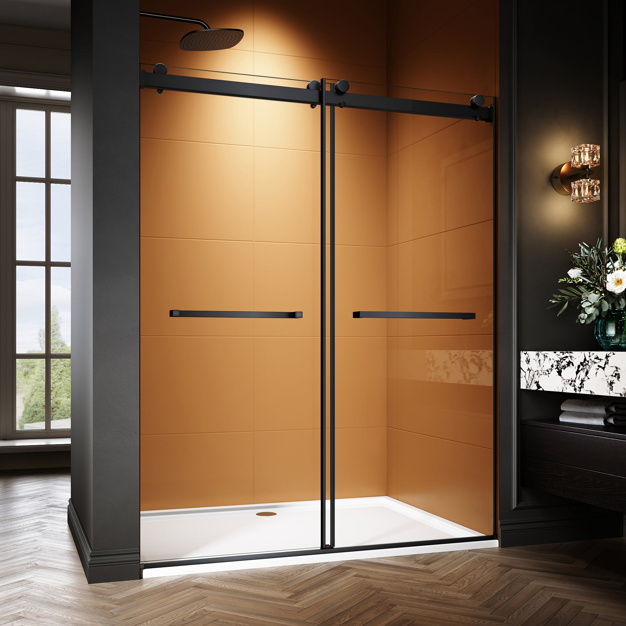 44"-48"/50"-54"/56"-60" x 76" Frameless Double Sliding Shower Door with Towel Bar #Color_Matte Black