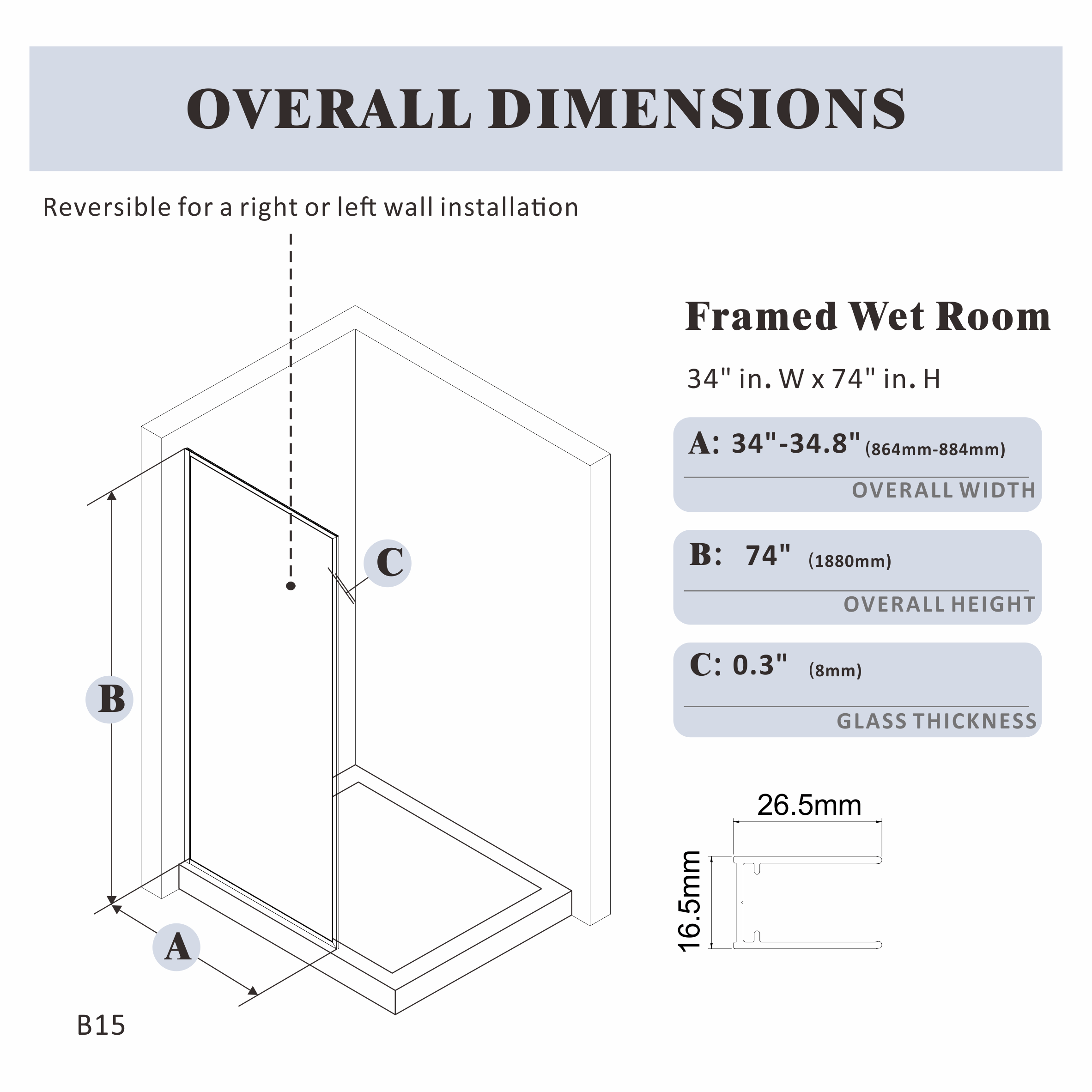 34" x 74" Framed Shower Screen Brushed Gold #Corner Style_V Groove