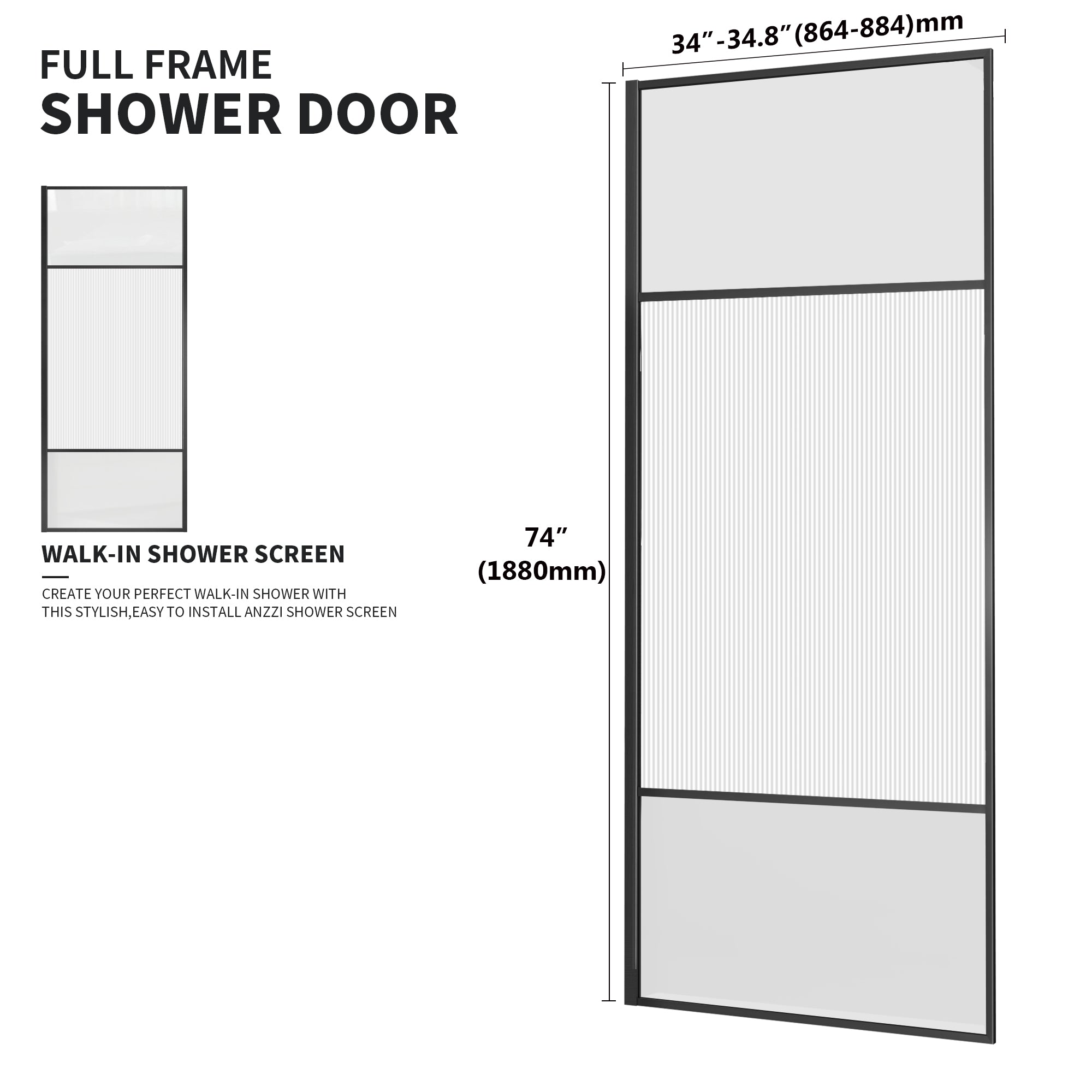 34" W x 74" H Walk-in Framed Fixed Shower Screen with 5/16" (8 mm) Clear & Fluted Tempered Glass