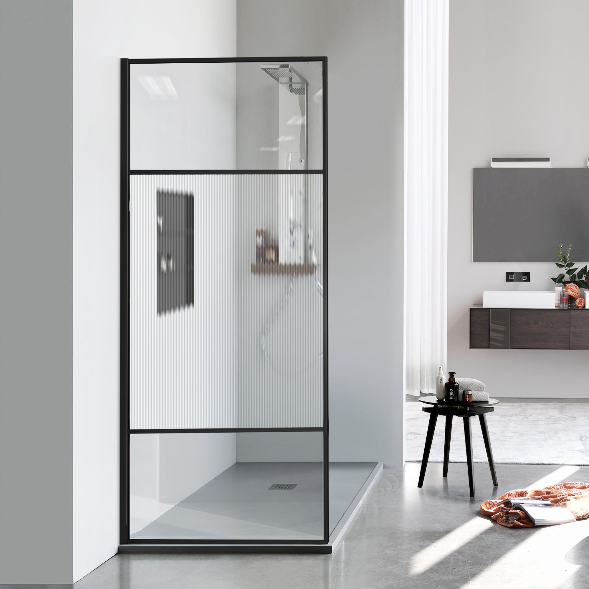 34" W x 74" H Walk-in Framed Fixed Shower Screen with 5/16" (8 mm) Clear & Fluted Tempered Glass