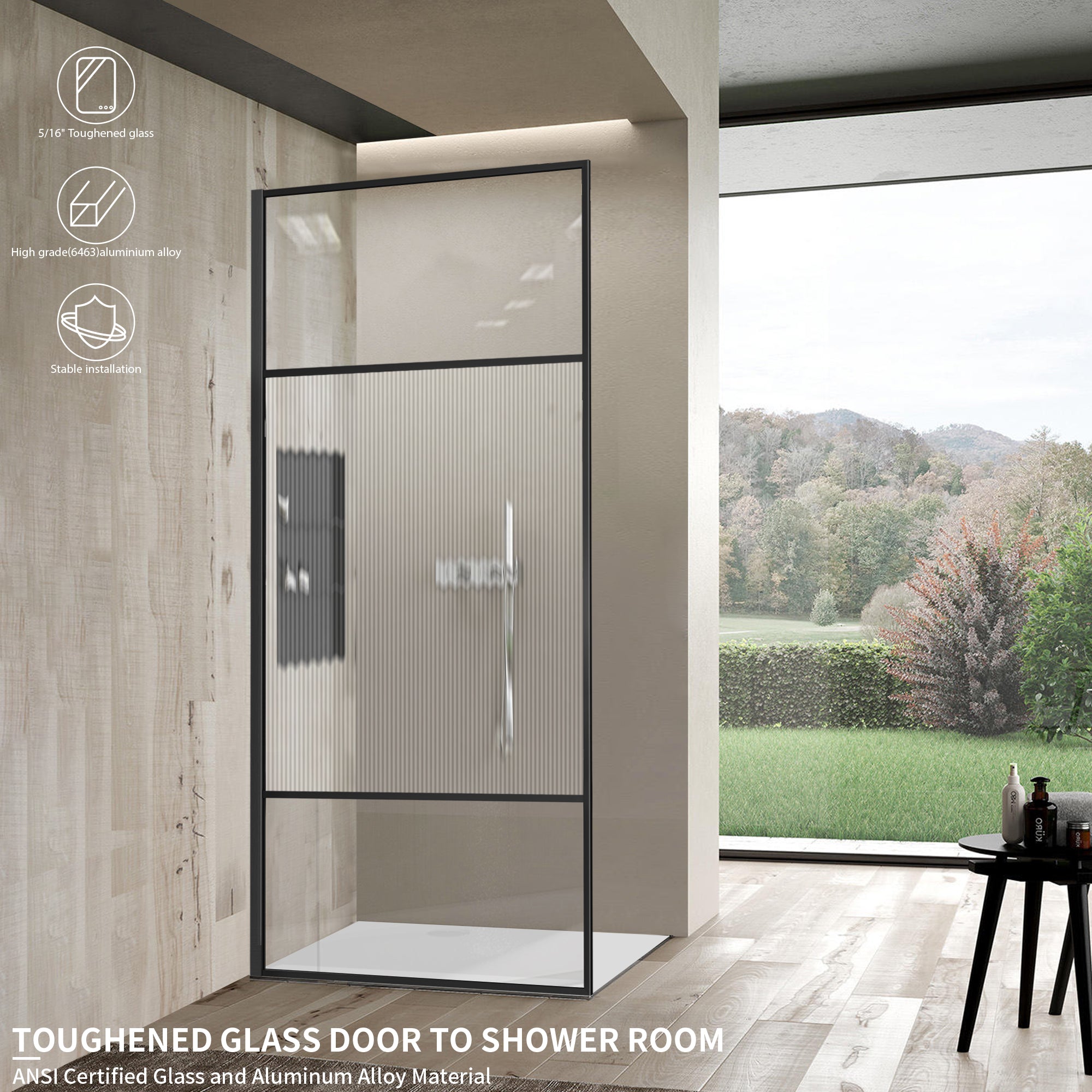 34" W x 74" H Walk-in Framed Fixed Shower Screen with 5/16" (8 mm) Clear & Fluted Tempered Glass