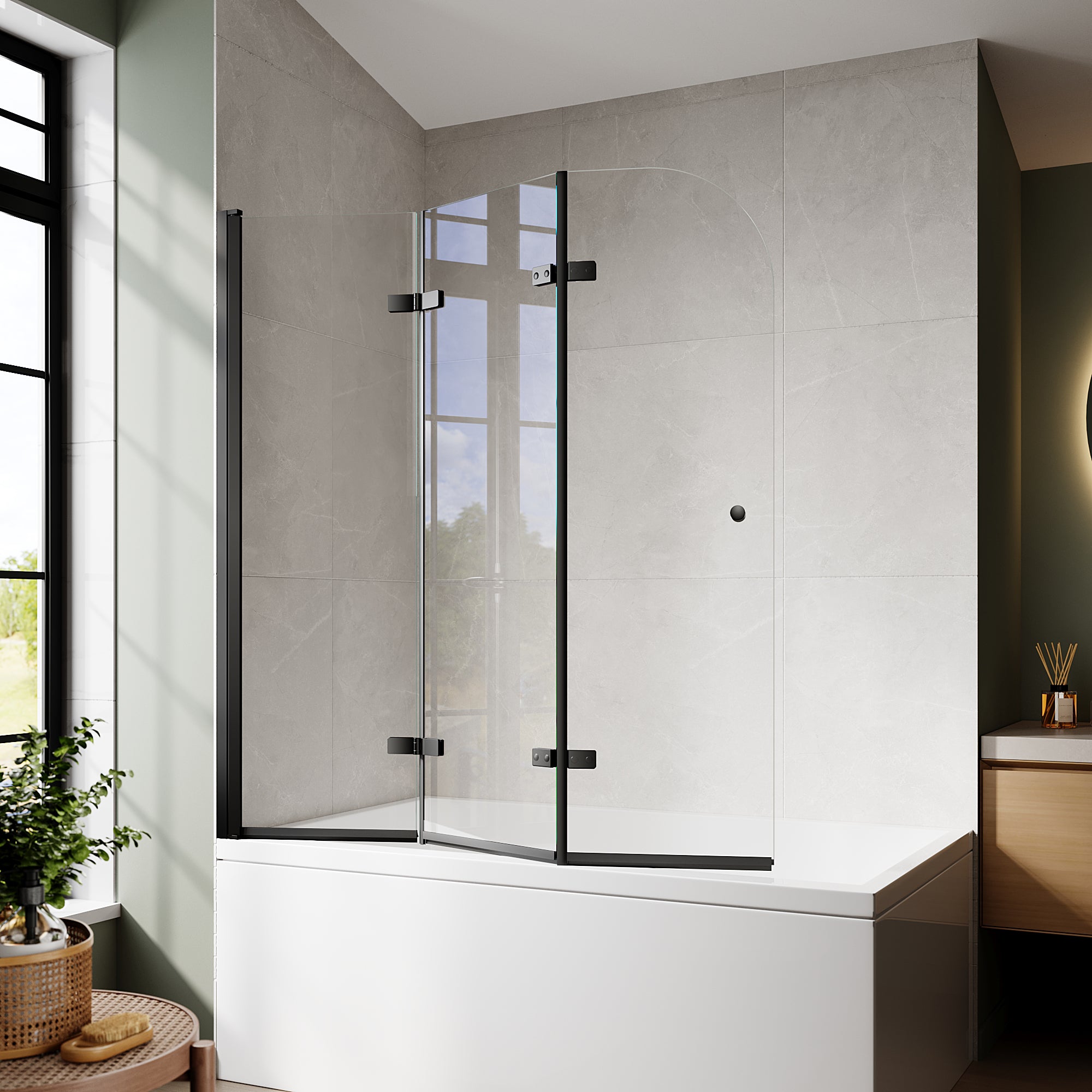 51"-51.6" W x 59" H Frameless Hinged 3-Panel Tri-Fold Bathtub Door with 1/4" (6 mm) Clear Glass, 180° Pivoting and Full Fold #Color_Matte Black