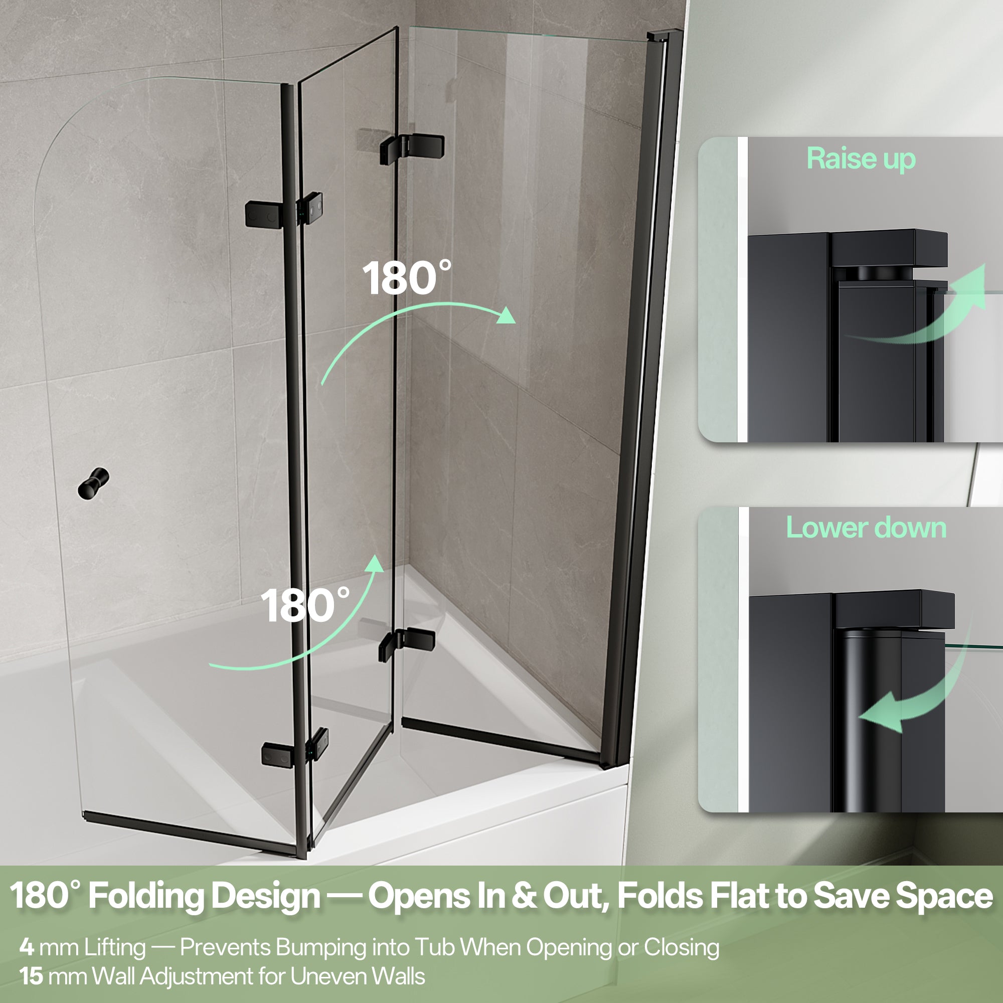 51"-51.6" W x 59" H Frameless Hinged 3-Panel Tri-Fold Bathtub Door with 1/4" (6 mm) Clear Glass, 180° Pivoting and Full Fold #Color_Matte Black