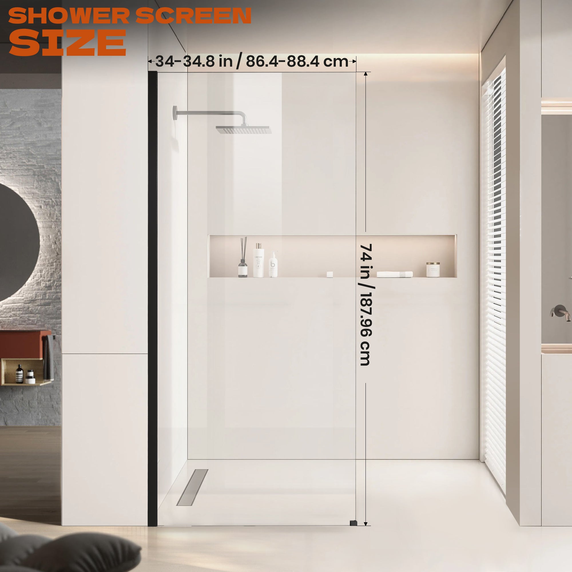 34" x 74" Walk-in Frameless Shower Screen-AB16 #Color_Matte Black