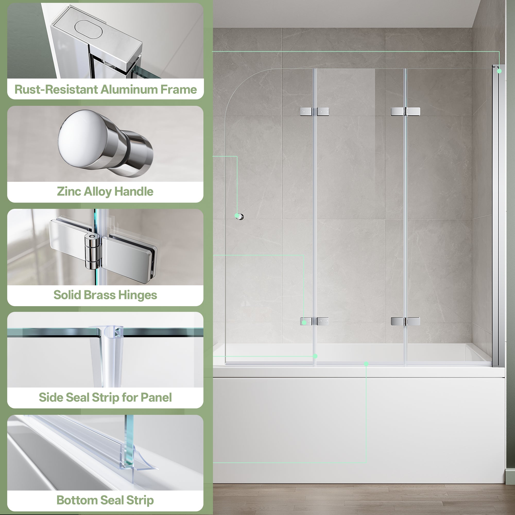 51"-51.6" W x 59" H Frameless Hinged 3-Panel Tri-Fold Bathtub Door with 1/4" (6 mm) Clear Glass, 180° Pivoting and Full Fold #Color_Chrome