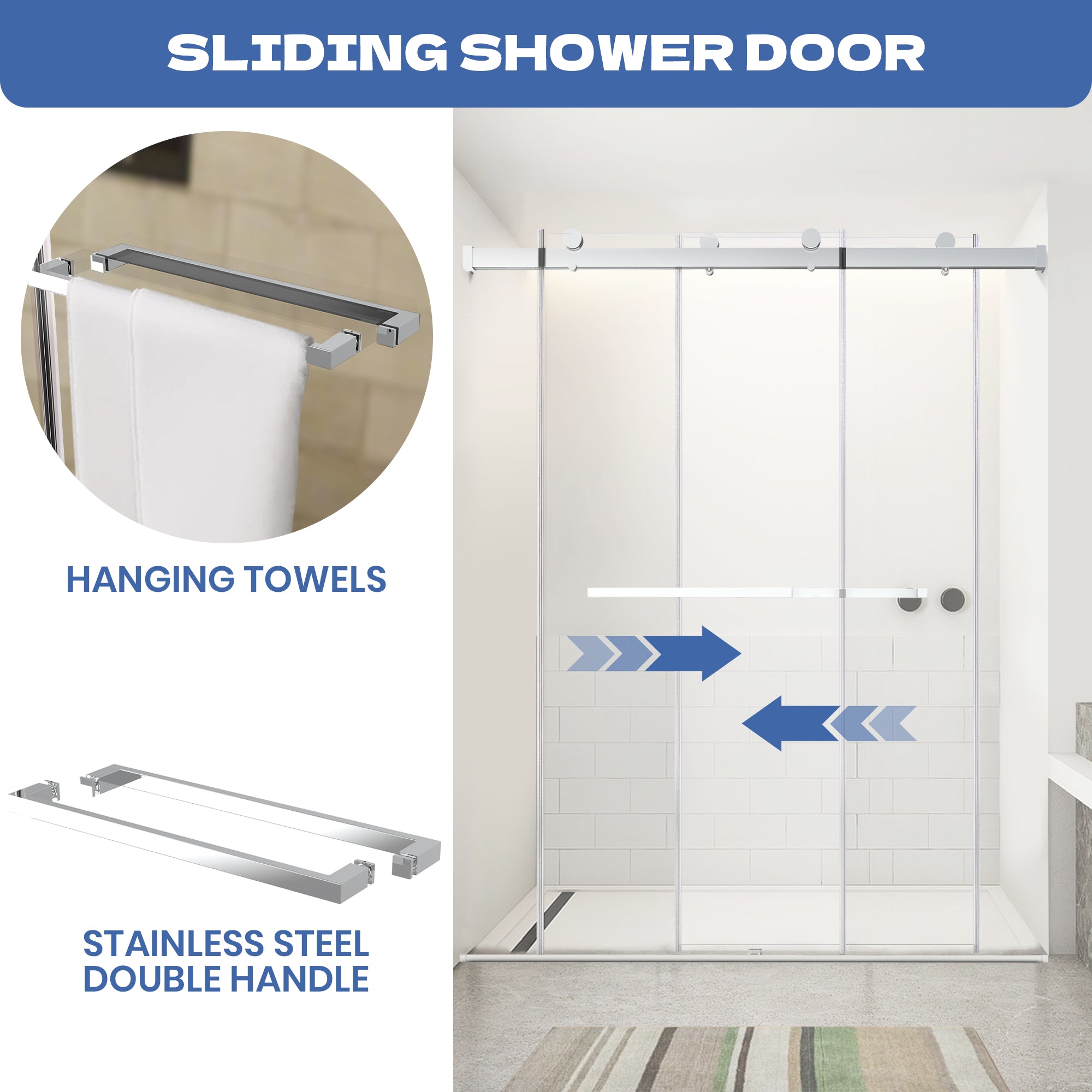 56" to 60" x 76" Frameless Double Sliding Shower Door AB10 #Color_Chrome