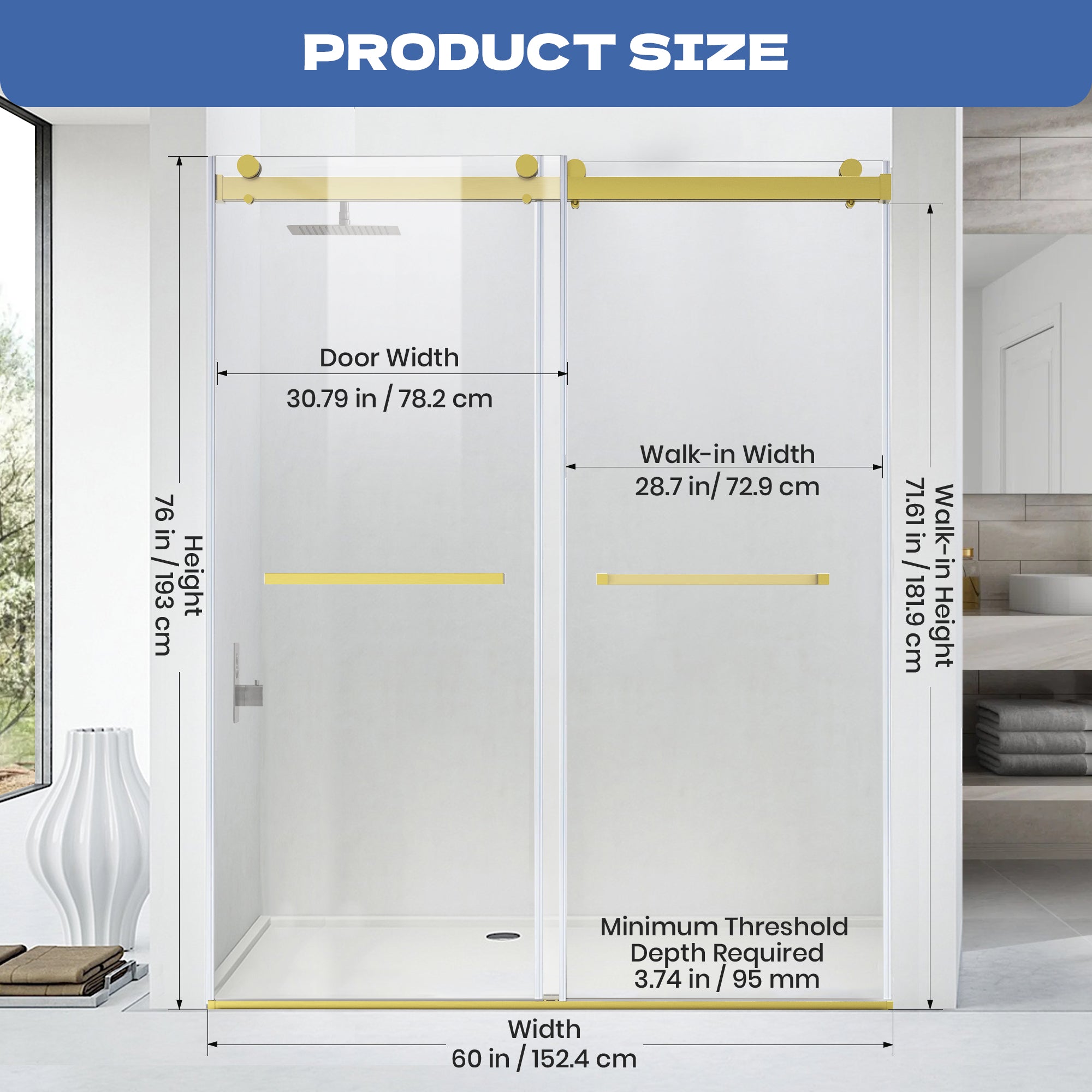 56" to 60" x 76" Frameless Double Sliding Shower Door AB12 #Color_Brushed Gold