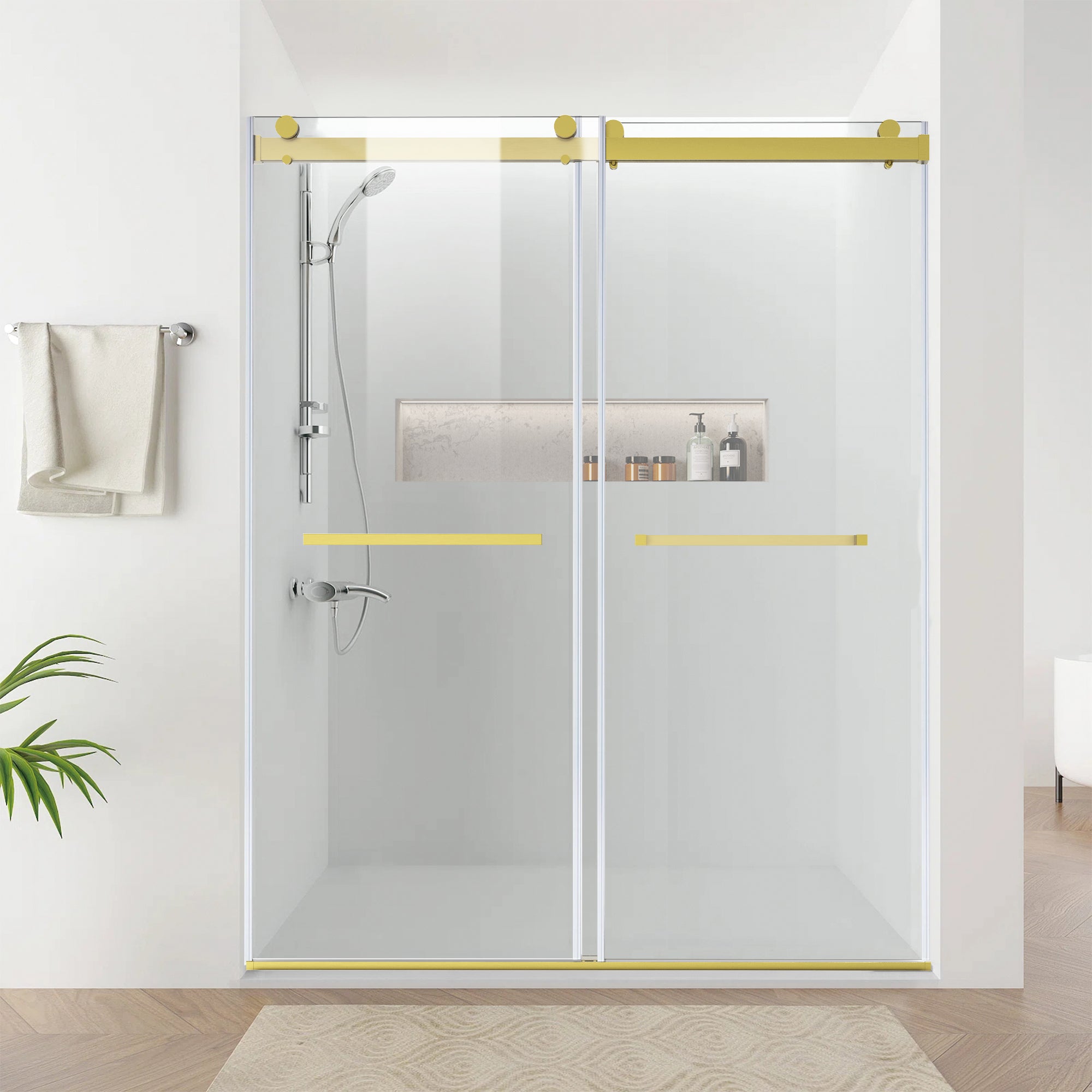56" to 60" x 76" Frameless Double Sliding Shower Door AB12 #Color_Brushed Gold