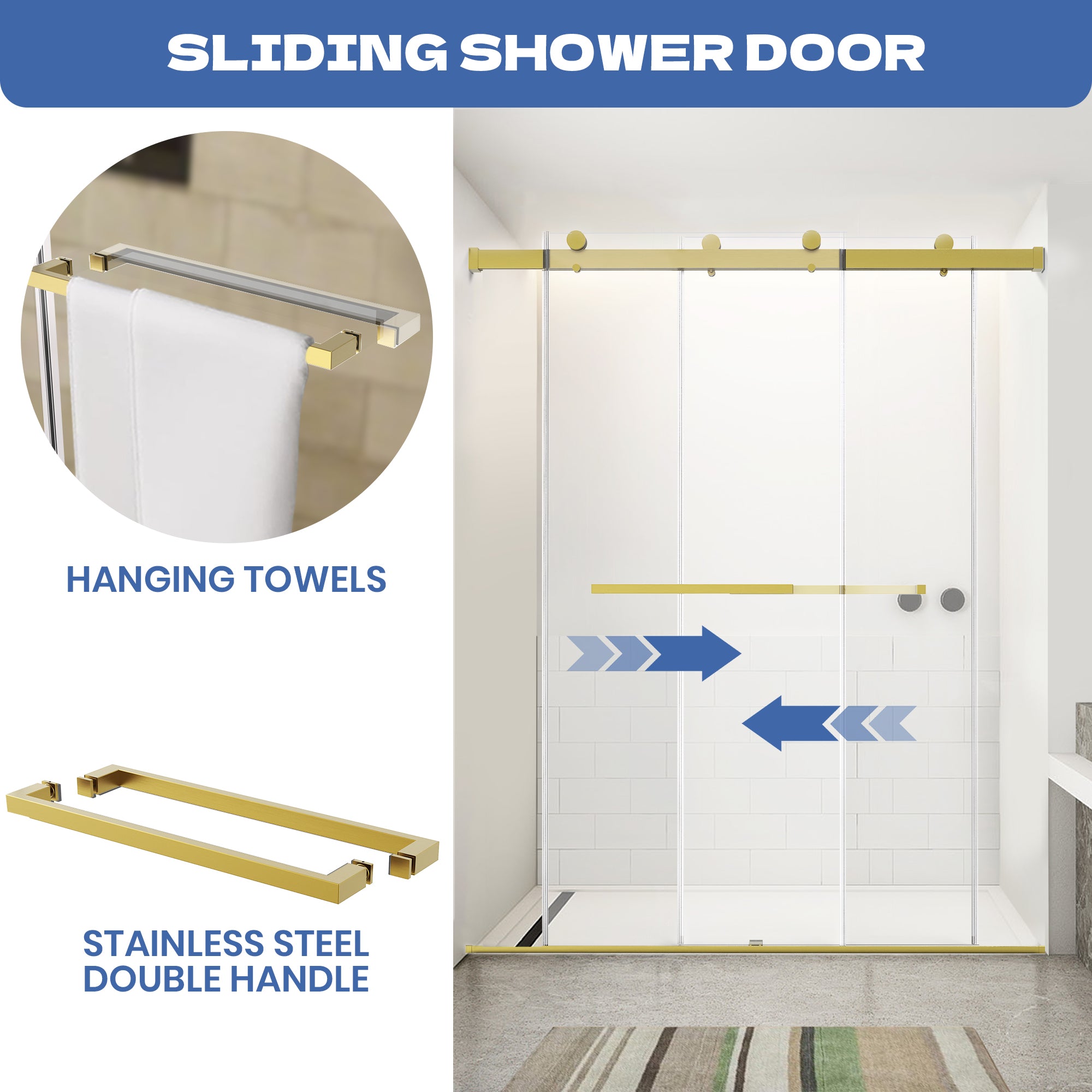 56" to 60" x 76" Frameless Double Sliding Shower Door AB12 #Color_Brushed Gold