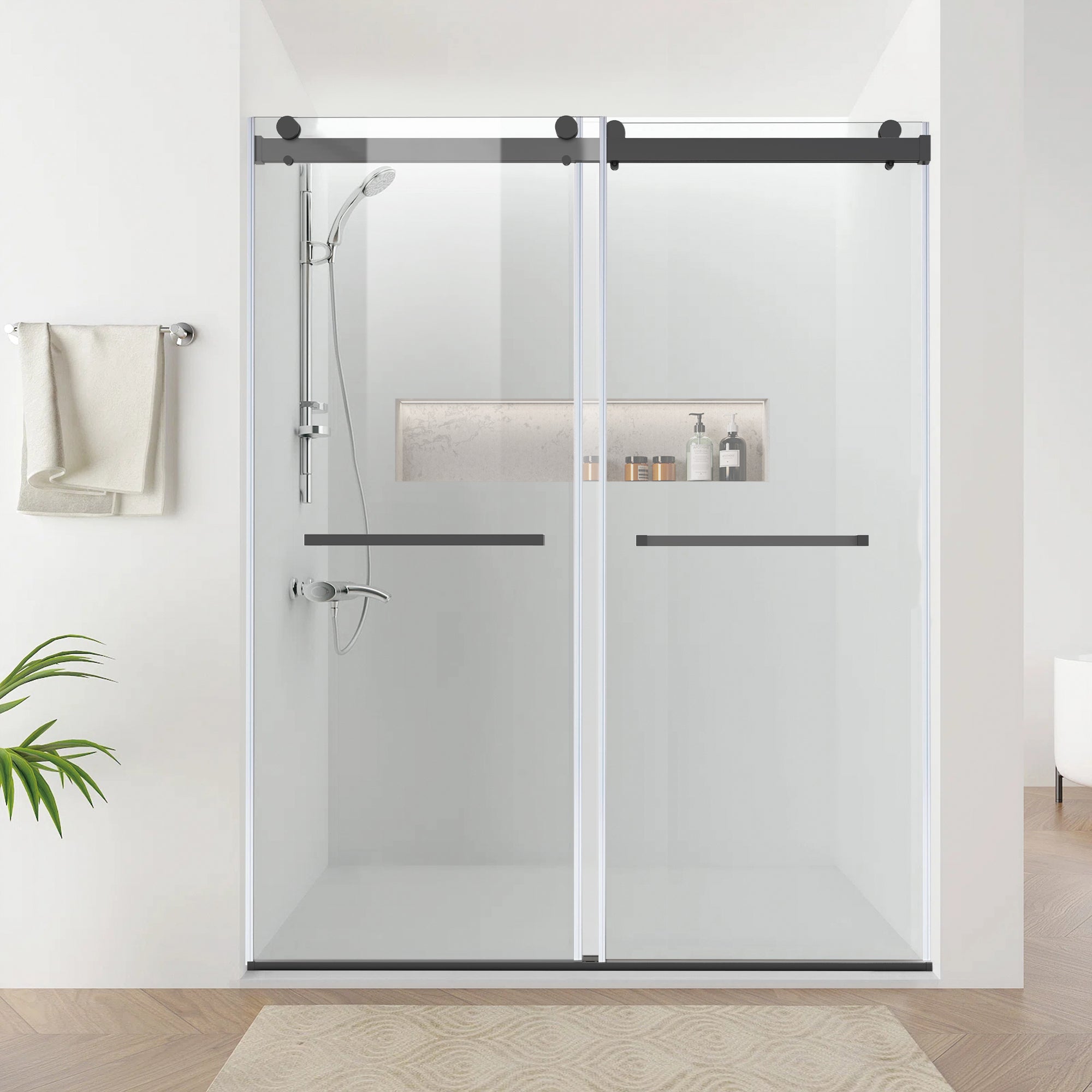 56" to 60" x 76" Frameless Double Sliding Shower Door AB9 #Color_Matte Black