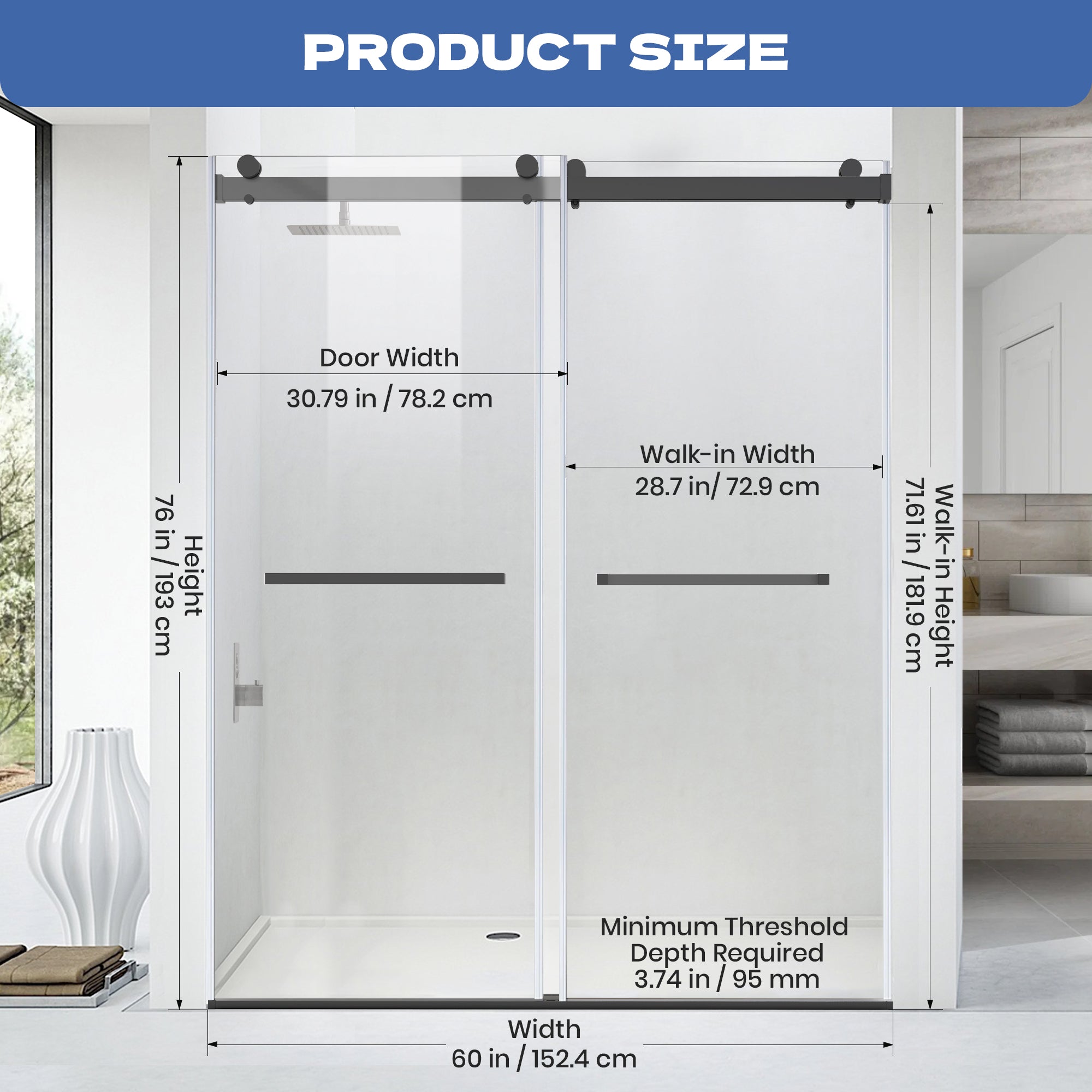 56" to 60" x 76" Frameless Double Sliding Shower Door AB9 #Color_Matte Black