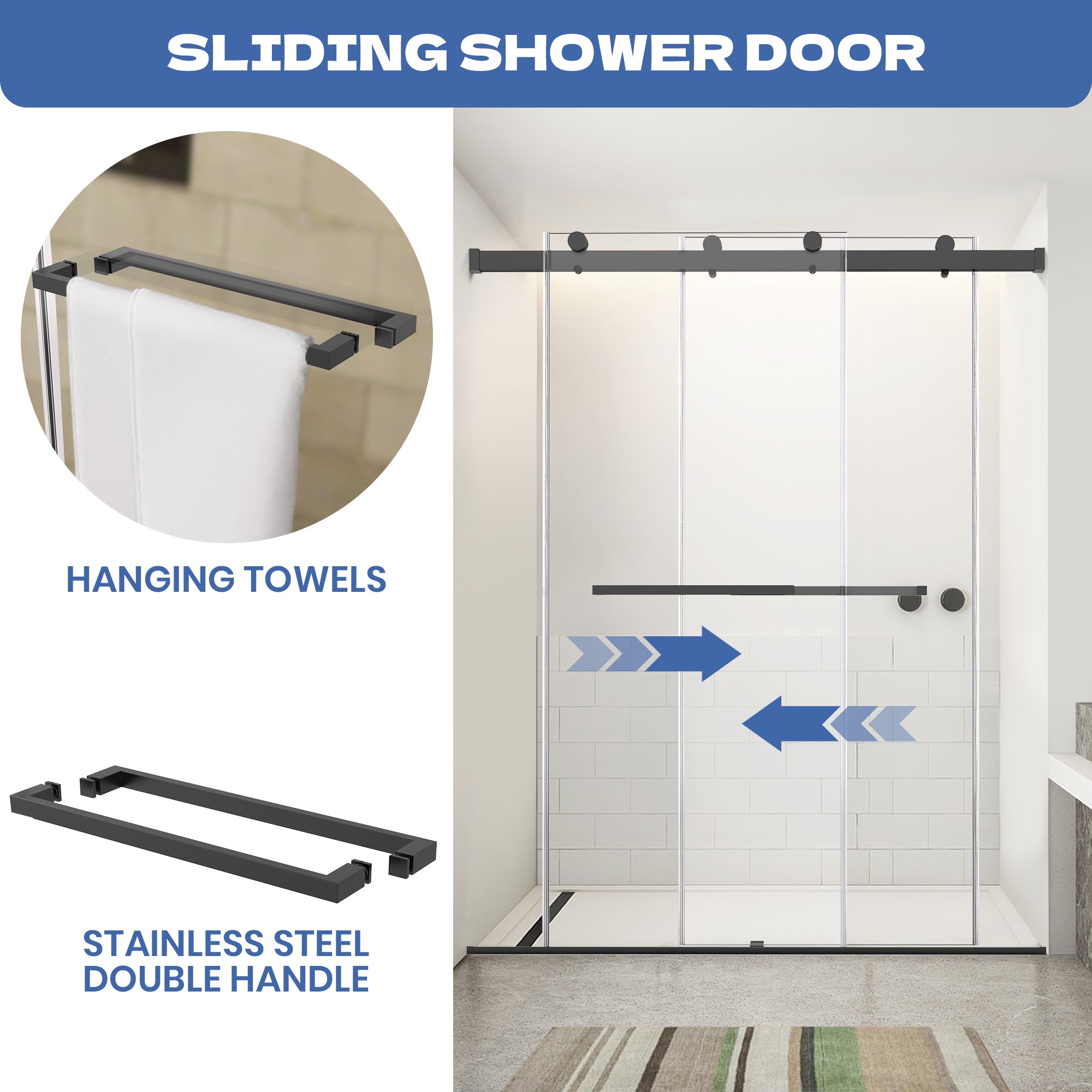60" W x 76" H Frameless Double Sliding Bypass Shower Door with 5/16" (8 mm) Easy-Clean Tempered Glass and Towel Bar