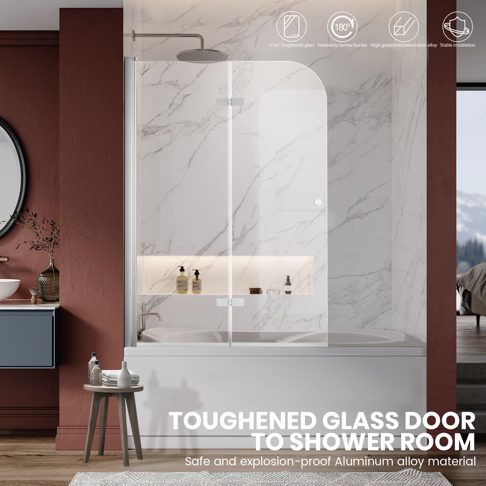 43" W x 58" H Frameless Hinged Bi-Fold Bathtub Door Misty J28 #Color_Polished Chrome