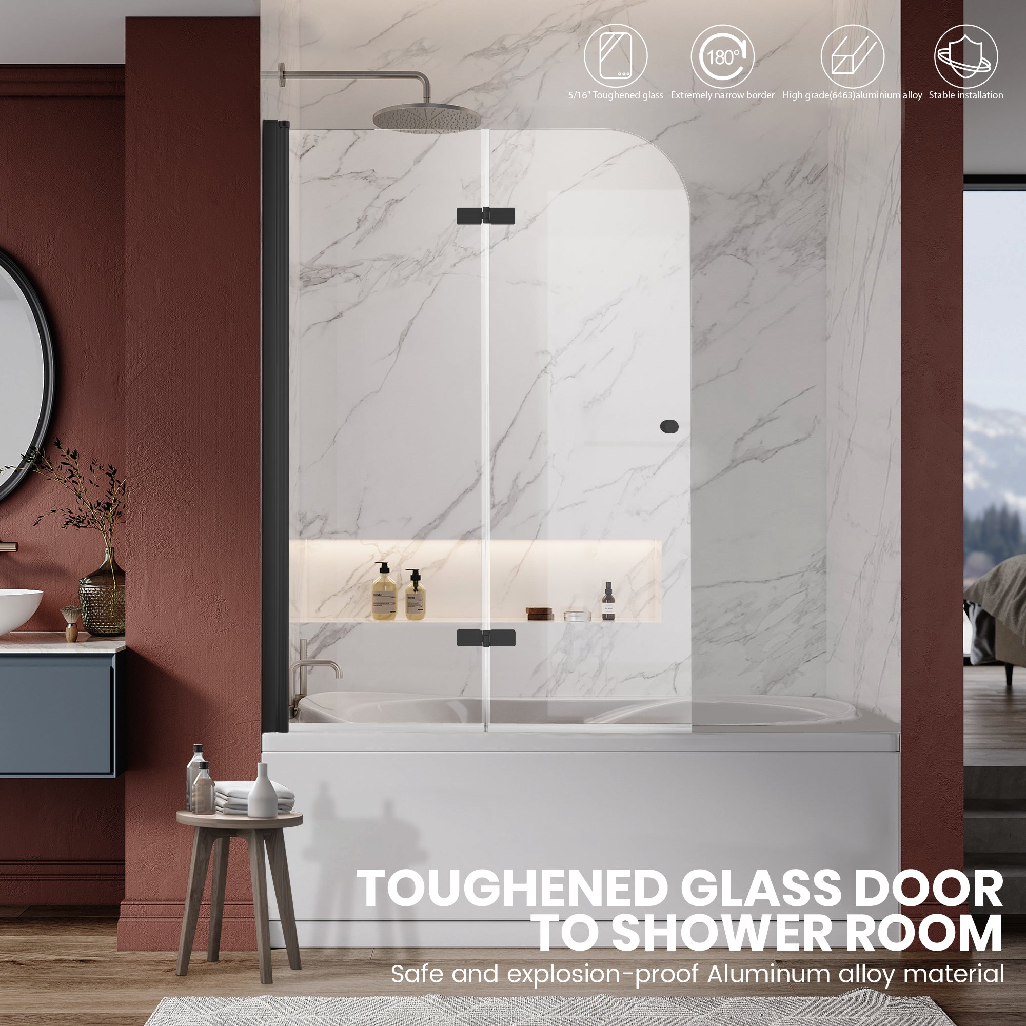 43" W x 58" H Frameless Hinged Bi-Fold Bathtub Door Misty J29 #Color_Matte Black