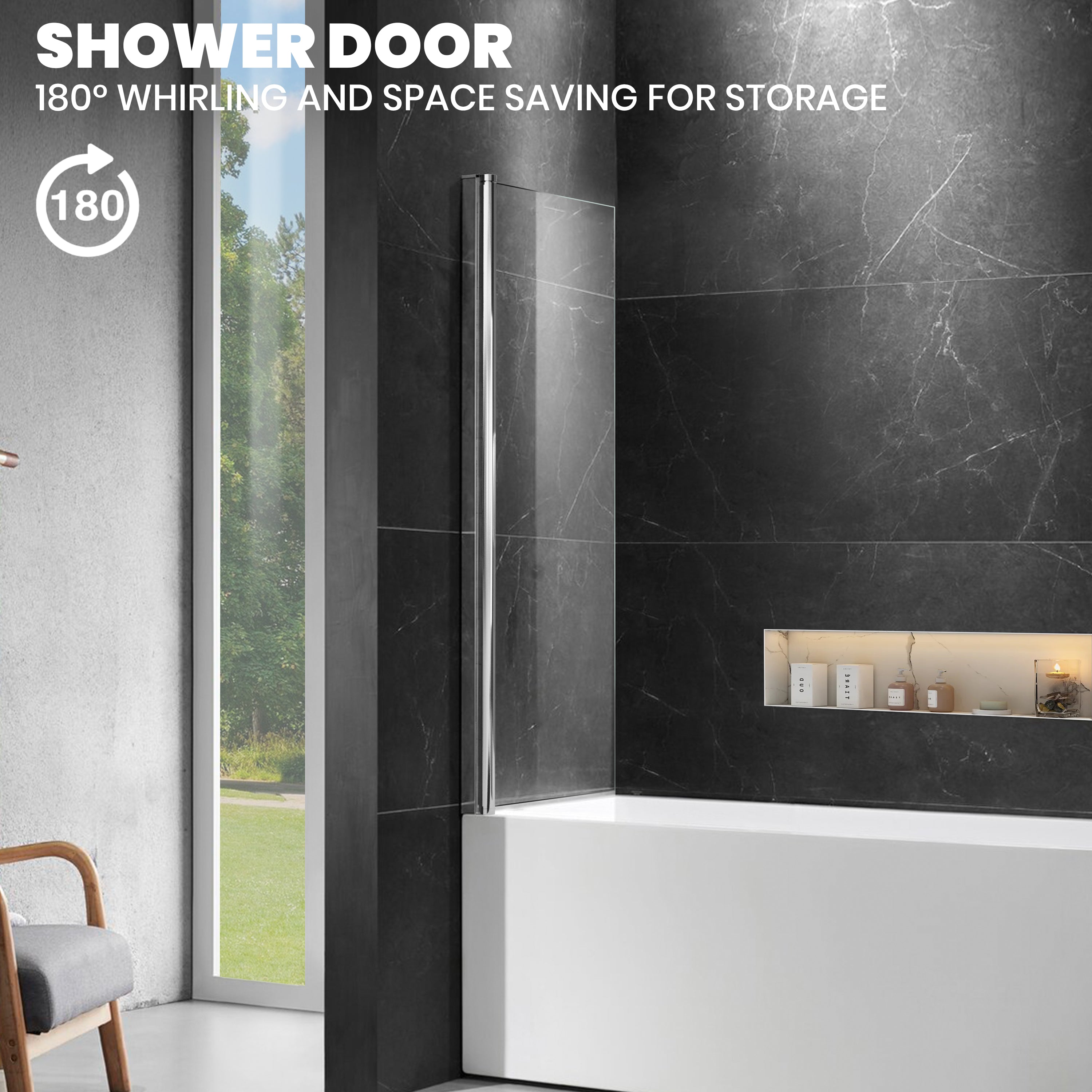 30" W x 55" H Frameless Pivot Bathtub Screen Serene B1 #Color_Polished Chrome