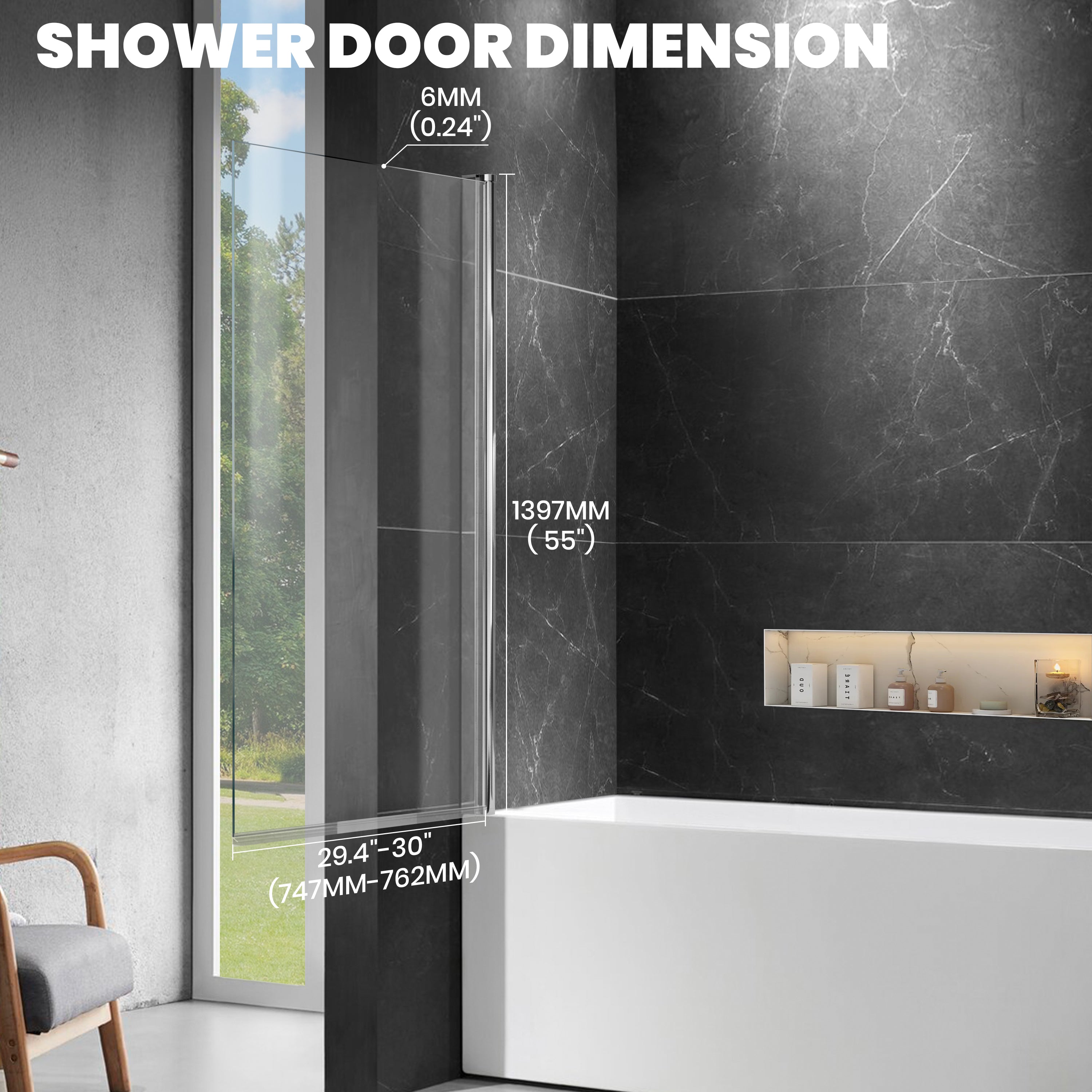30" W x 55" H Frameless Pivot Bathtub Screen Serene B1 #Color_Polished Chrome