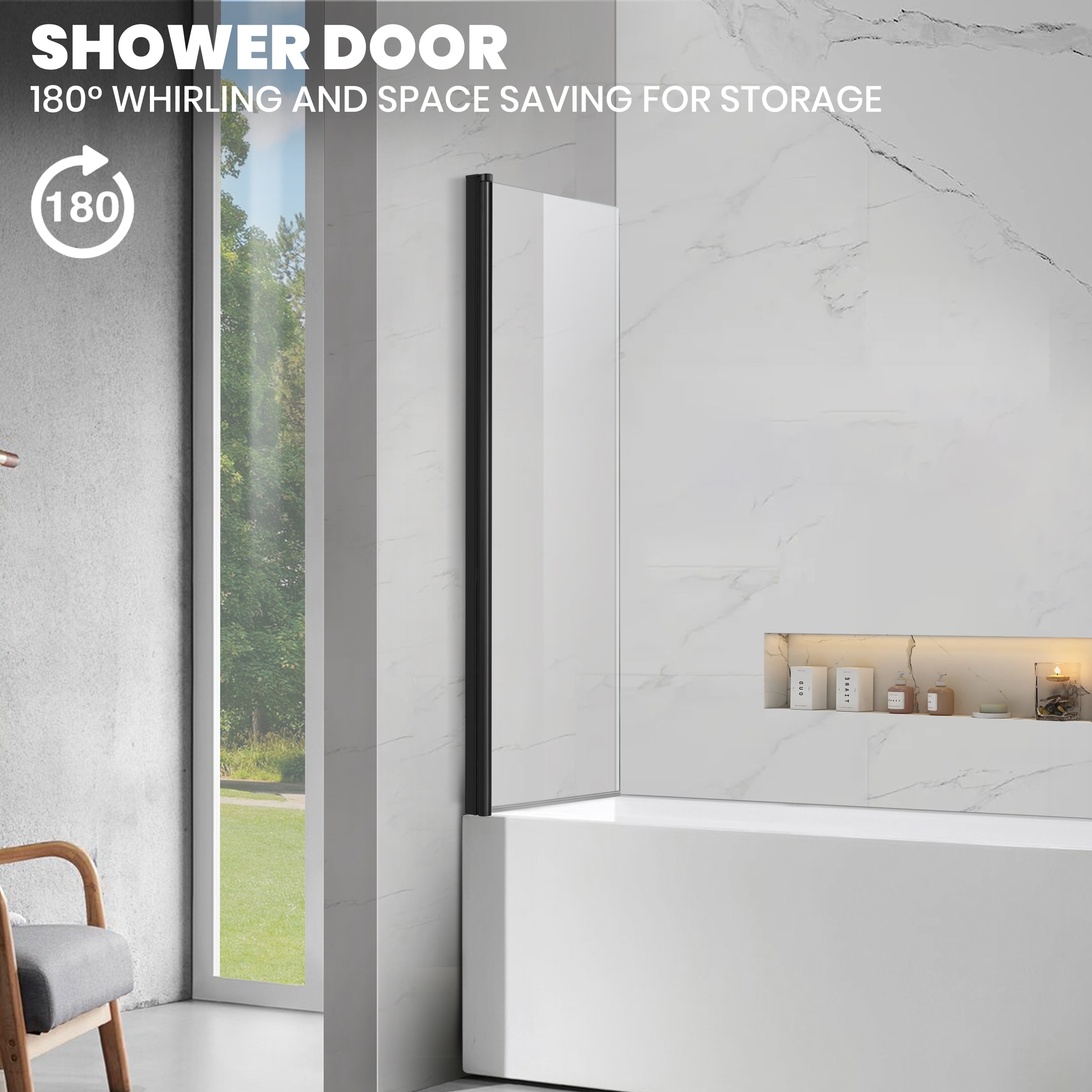 30" W x 55" H Frameless Pivot Bathtub Screen Serene B23 #Color_Matte Black