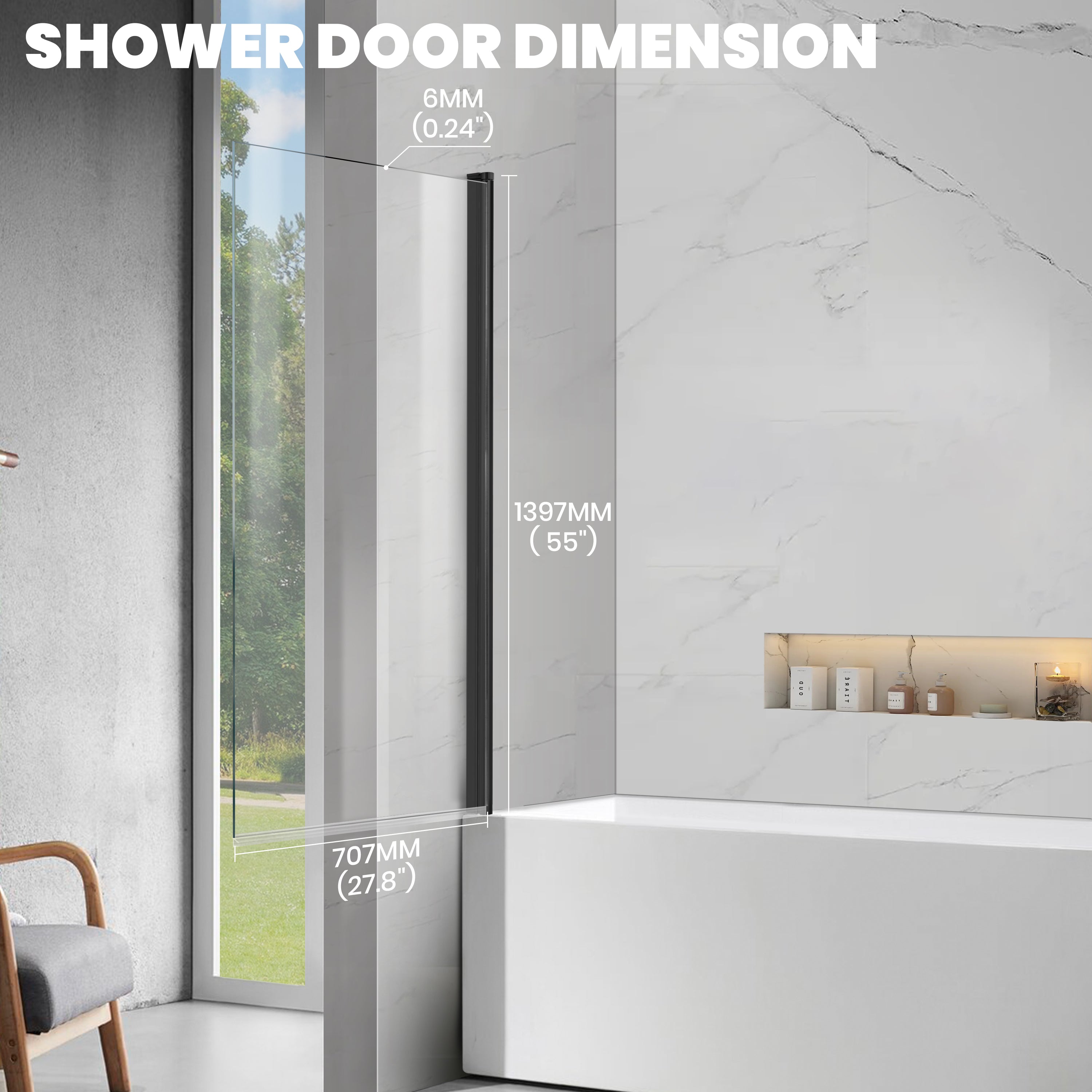 30" W x 55" H Frameless Pivot Bathtub Screen Serene B23 #Color_Matte Black